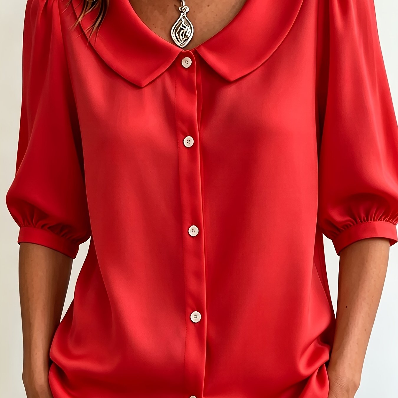TEMU Women' Color Peter Pan Collar Puff Sleeve Blouse, Elegant Button-up Cardigan, Suitable For Work And Casual Wear, Lightweight And Breathable Top