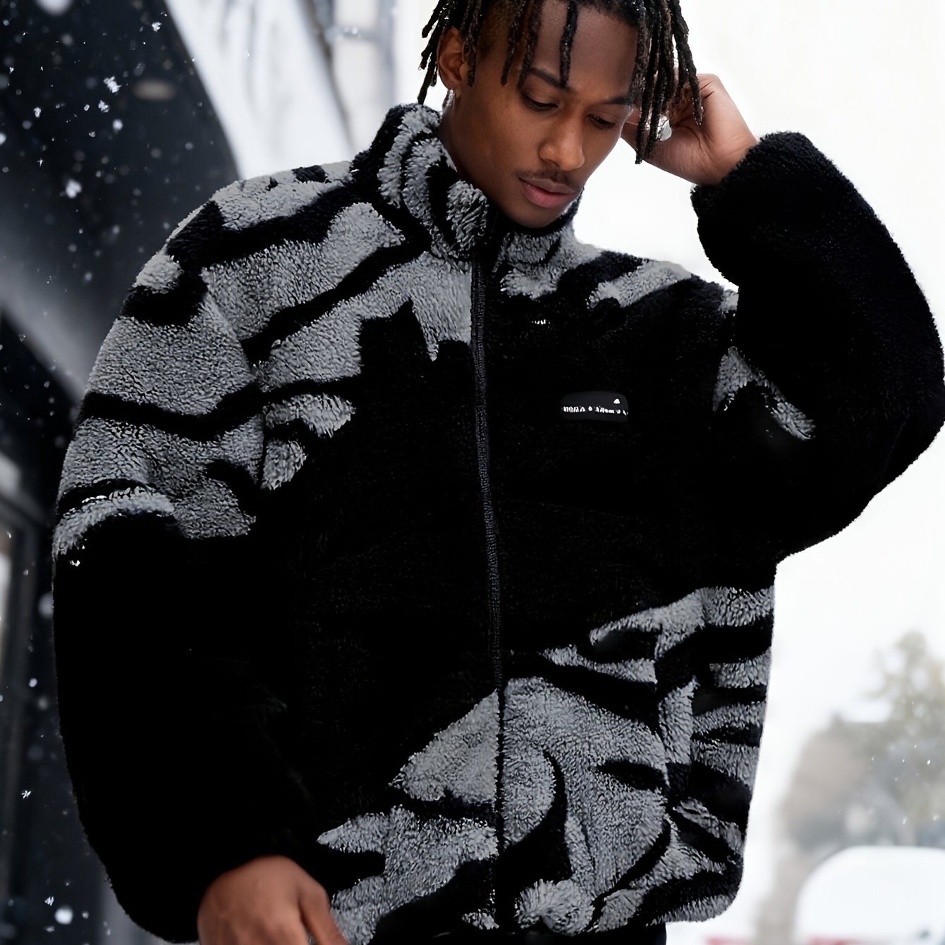 TEMU Men's Trendy Zipper Stand Collar Double Pocket Black Contrast Zebra Print Plush Jacket, Thick, Warm, Soft, And Comfortable Fabric For Daily
