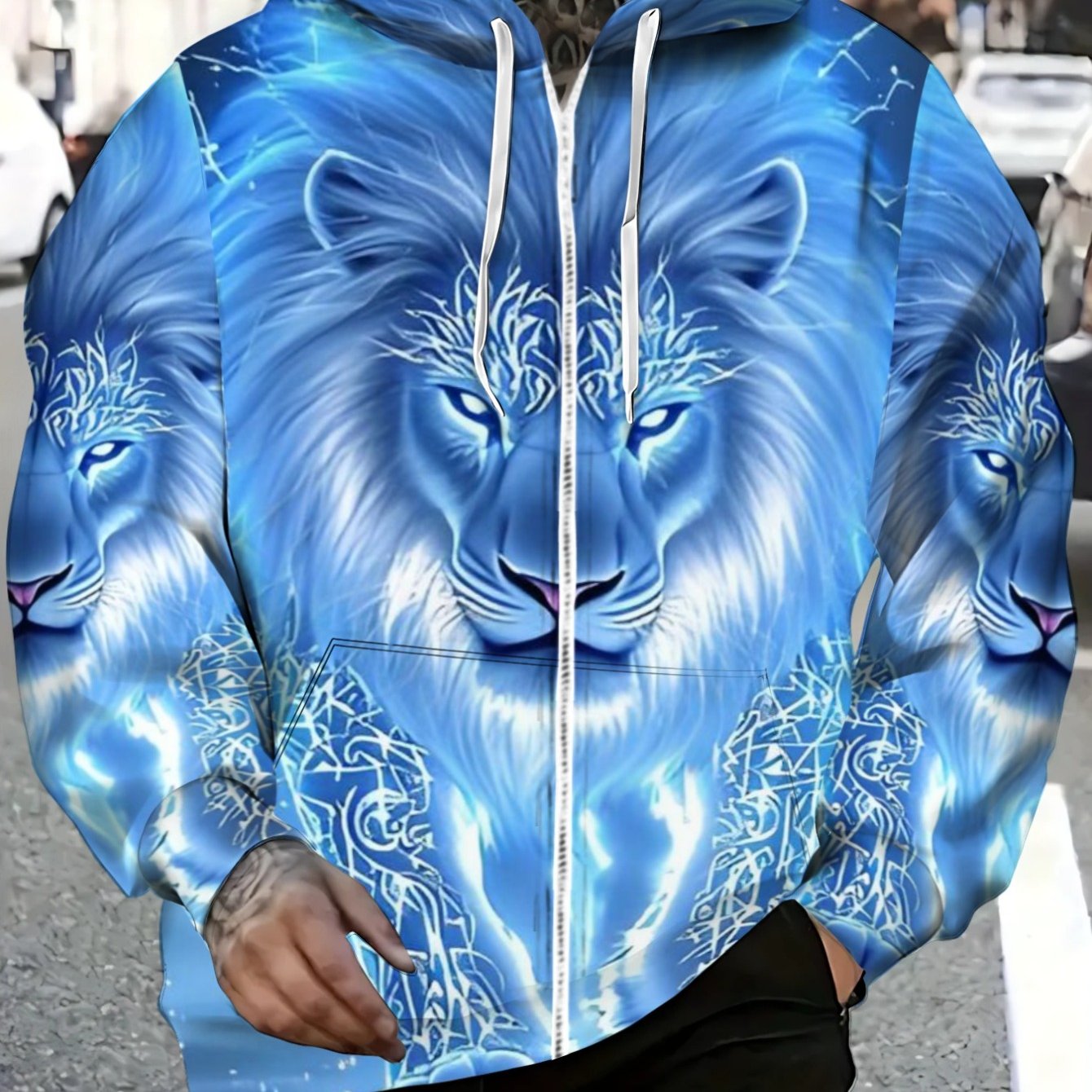 TEMU Men's Print Hoodie Lightweight Zip-up Jacket For Outdoor Activities And Casual Wear, Comfortable And With Vibrant 3d Graphic Pattern