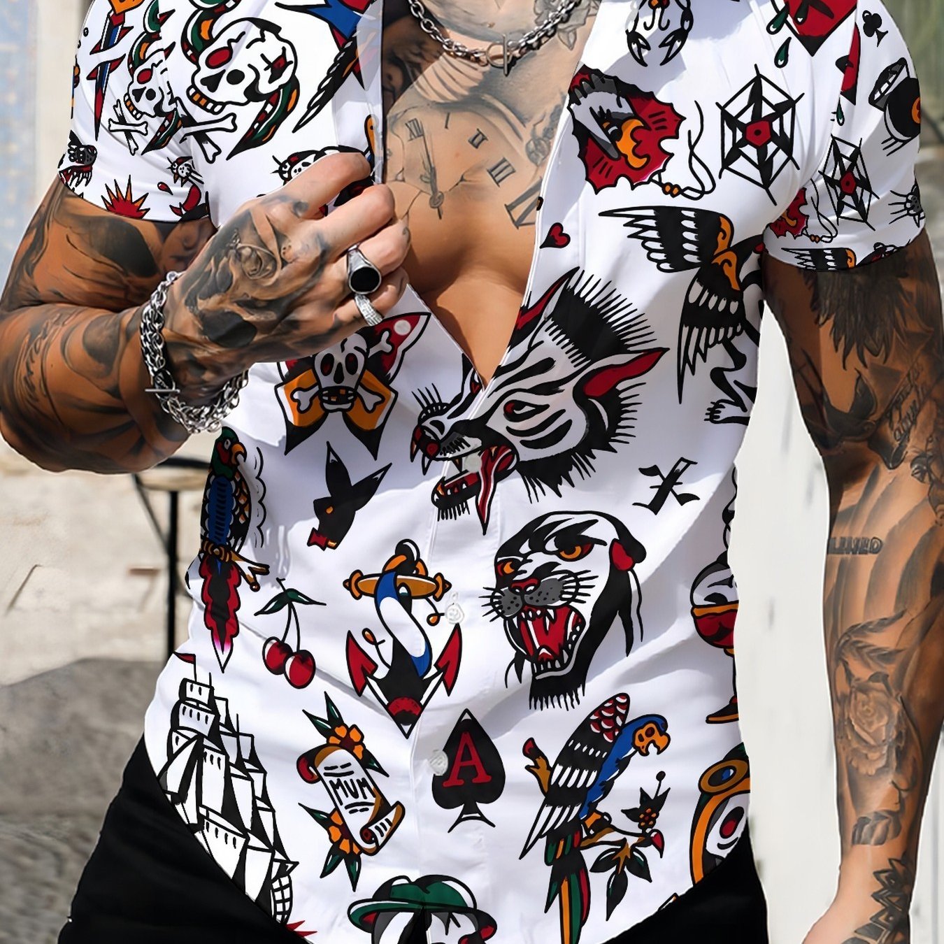 TEMU Men's Retro Tattoo Print Lapel Short Sleeve Hawaiian Shirt Casual Polyester Shirt For Summer Outdoor Activities
