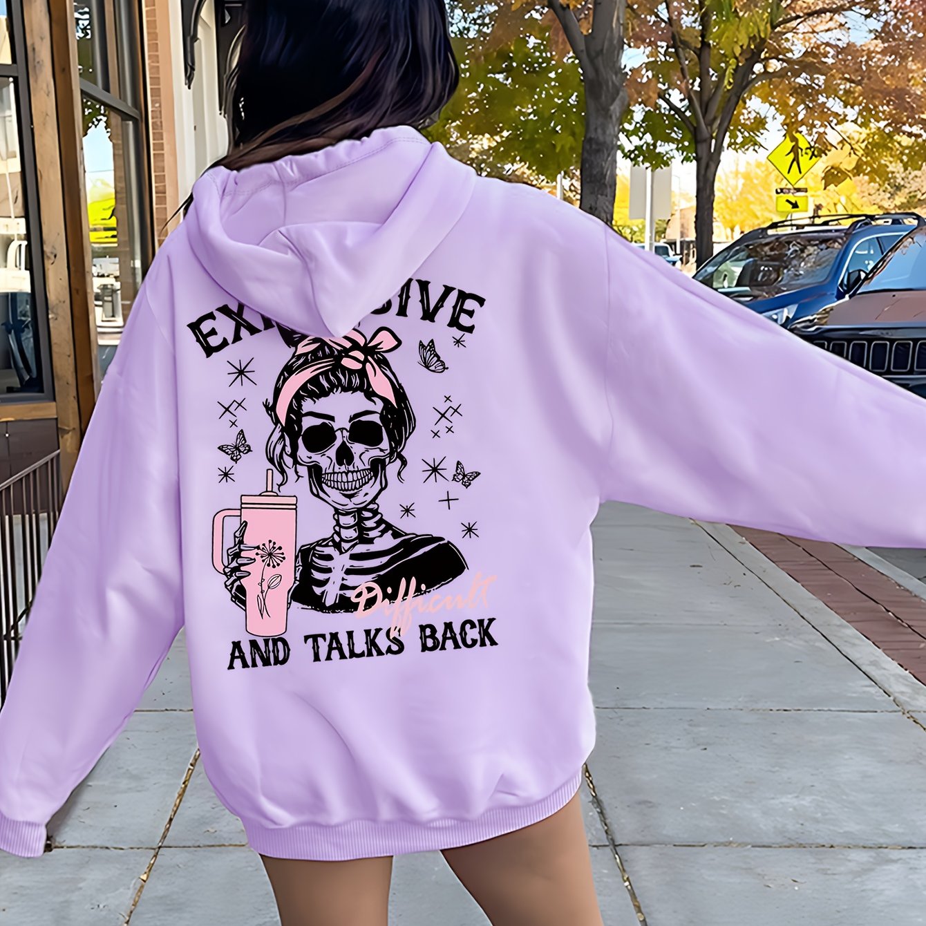 TEMU Women's Fashion Casual Skull Double-sided Print Hooded Sweatshirt