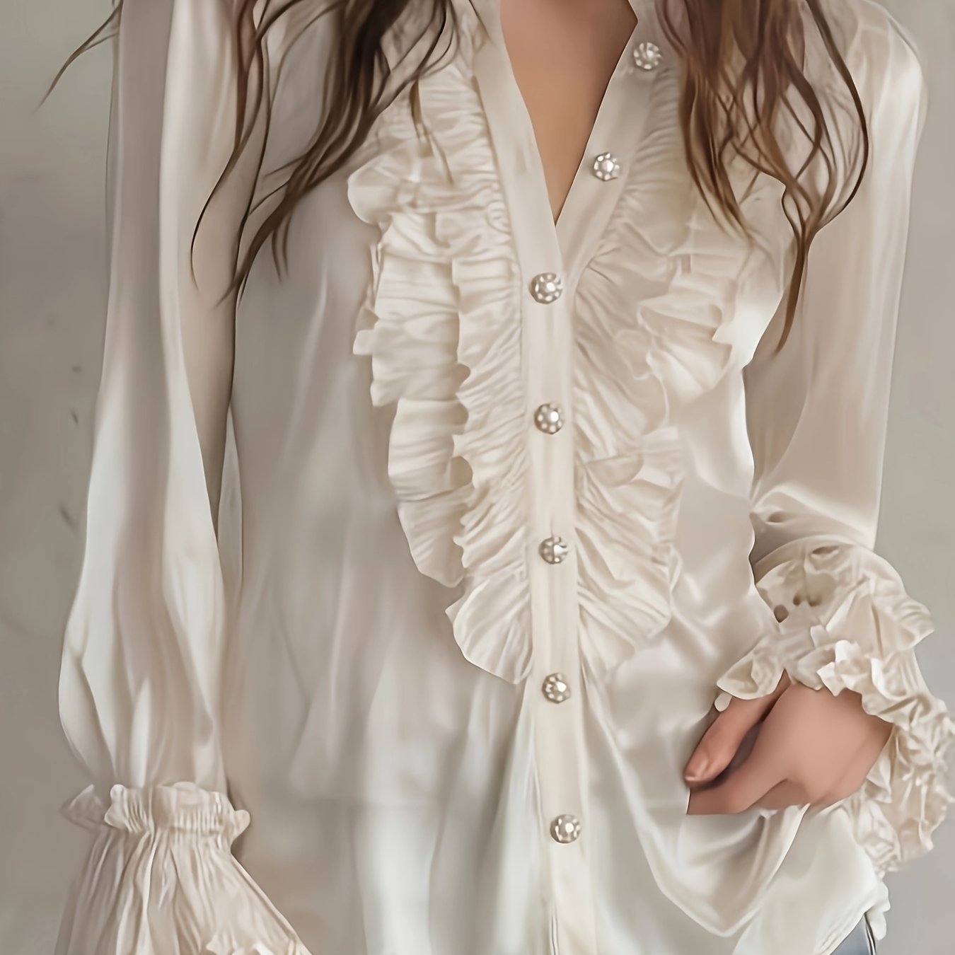 TEMU Women's Vintage Solid Color Satin Shirt With Ruffle V-neck And Lantern Sleeves, Loose Fit For A Casual And Effortless Look, Suitable For Mature