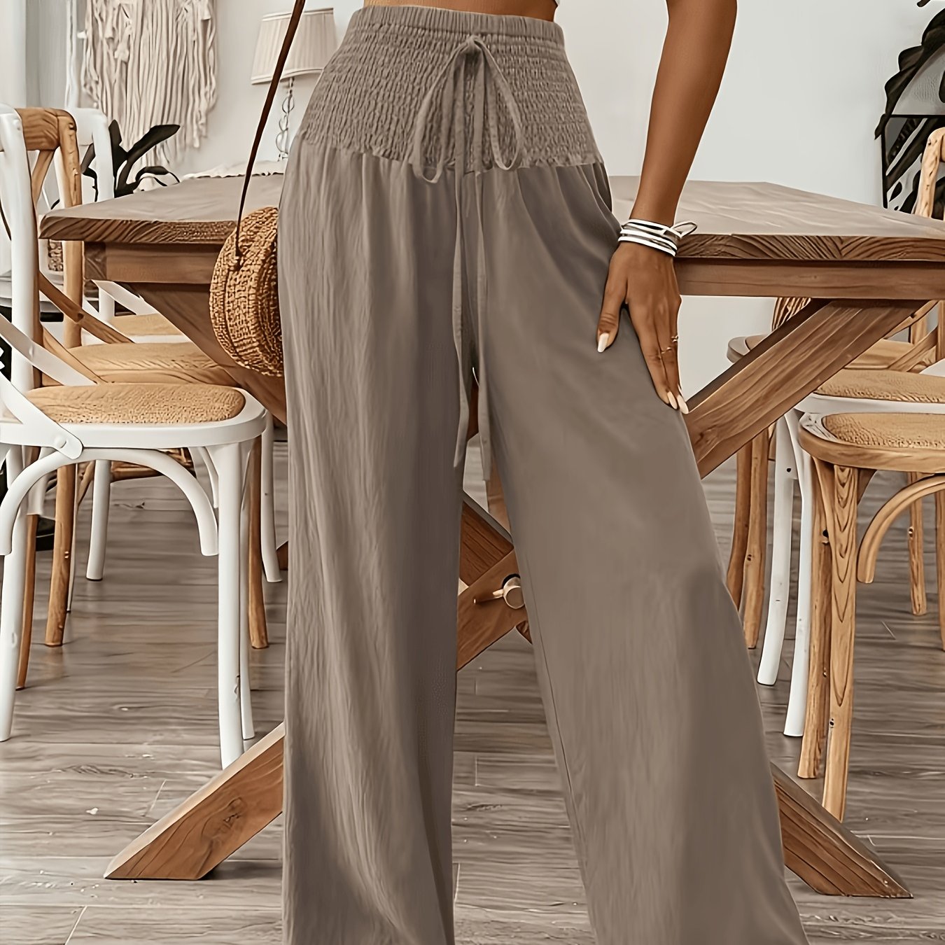TEMU Women's Elegant And Fashionable Solid-color Casual Trousers, Featuring A Drawstring And Elastic Waistband, With Straight-leg Design For A Look.