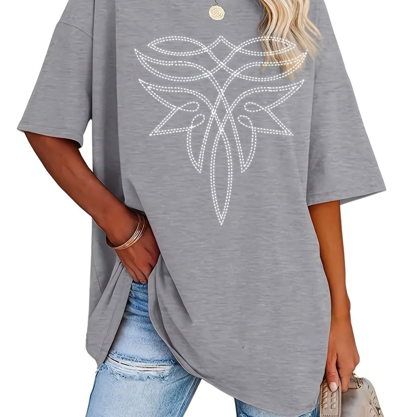 TEMU Plus Size, Pattern Print Fashion Round Neck T-shirt Plus Size