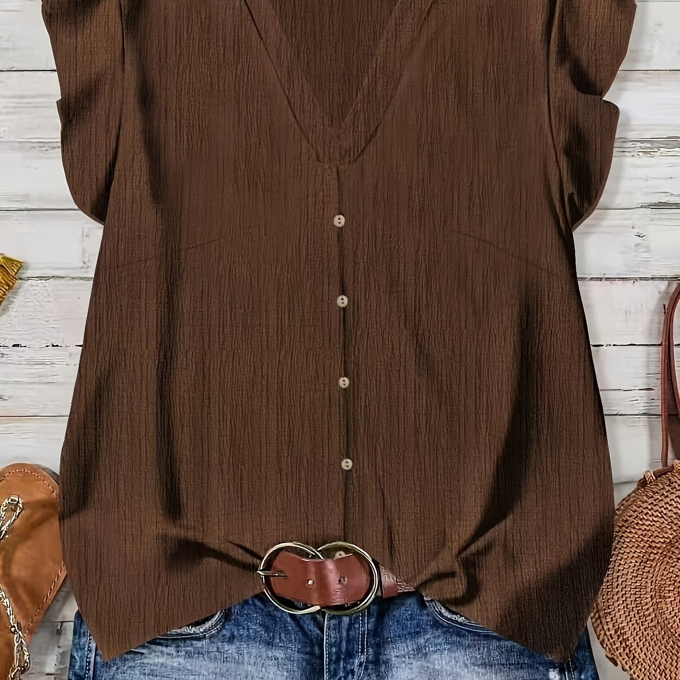 TEMU V-neck Short-sleeve Solid Color Comfortable Simple Fashionable Casual Daily Vacation Stylish Relaxed Loose Versatile Women's Top