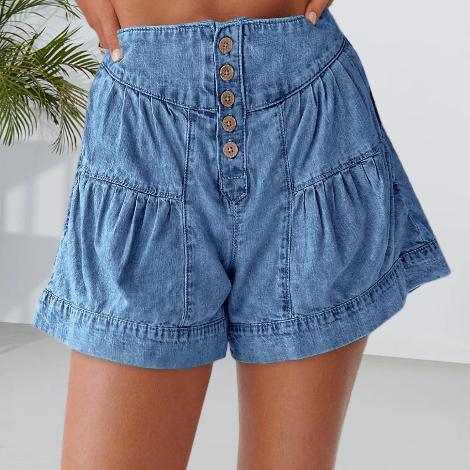 Image of Womens Waisted Wide Leg Flowy Denim Skort Button Up Jean Shorts With Pockets Casual Daily