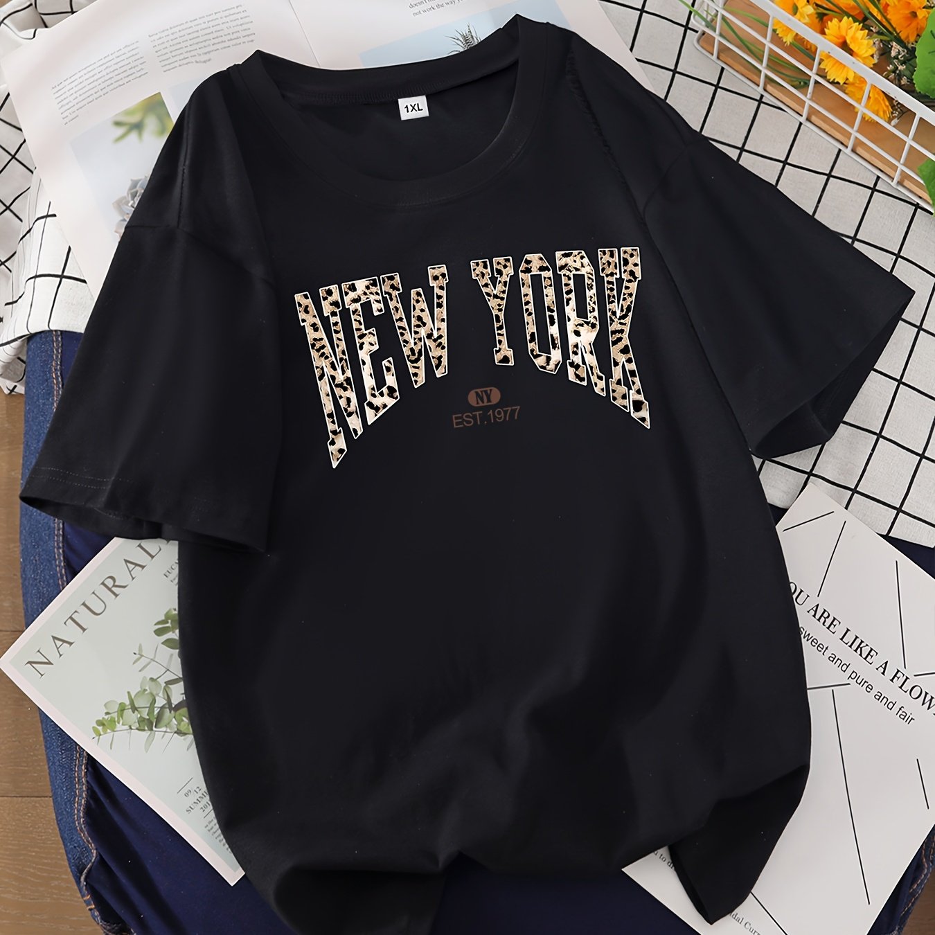 TEMU Plus Size, Plus Size Letter Print T-shirt, Short Sleeve Crew Neck Casual Top For Summer & Spring, Women's Plus Size Clothing
