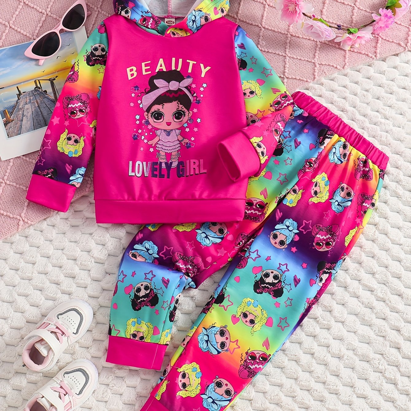 Image of Spring And Autumn Daily Casual Outing Hooded Long-sleeved Print Cartoon Pattern Top Hoodie And Pants Girls Two-piece Set Pants Suit, For Outdoor
