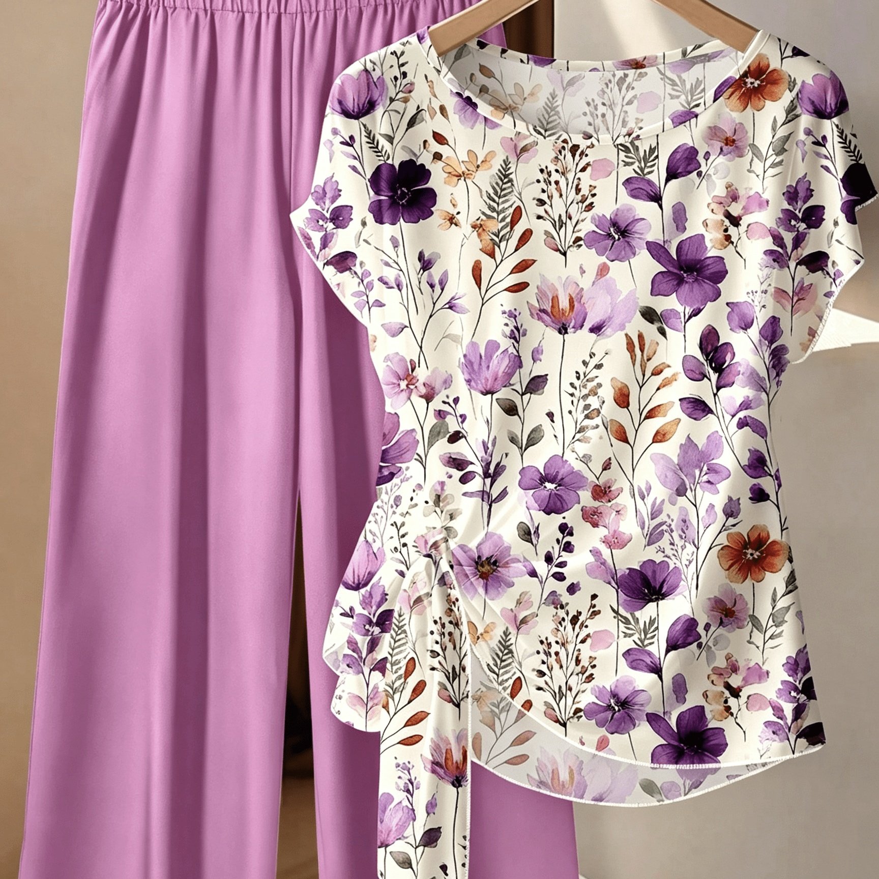 TEMU Women's Fashion Casual Purple Floral Print Popular Hot Pants Set