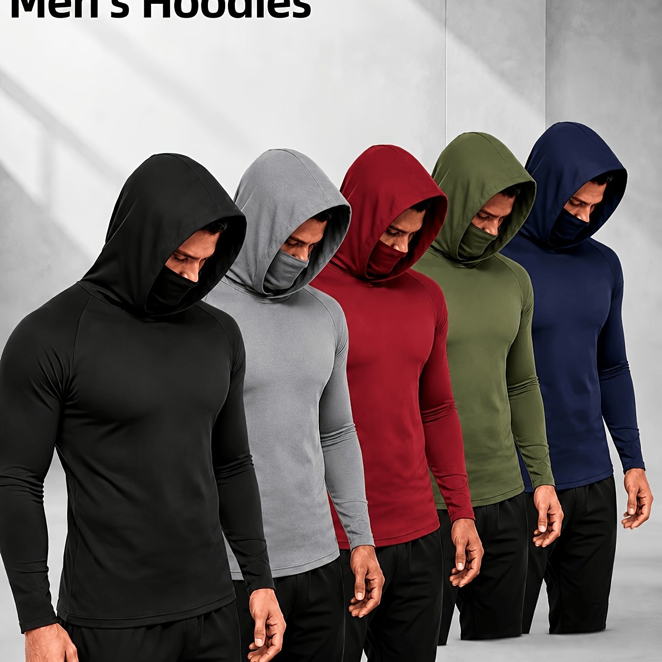 TEMU 5pcs Men's Hooded Long-sleeve Shirts With Built- Mask, Quick-drying Stretch Sports Tops, Breathable And Lightweight Hooded Shirts, Suitable For