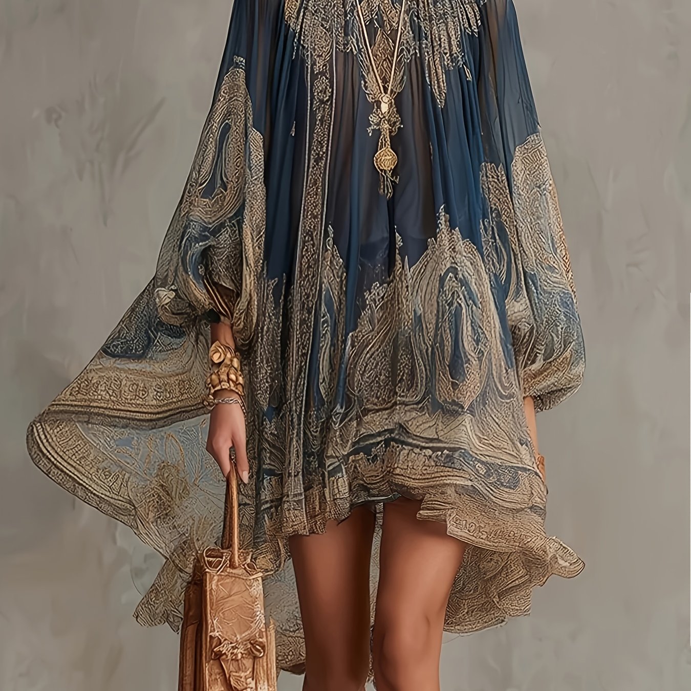 TEMU Elegant Printed Long Sleeve Loose Mini Dress