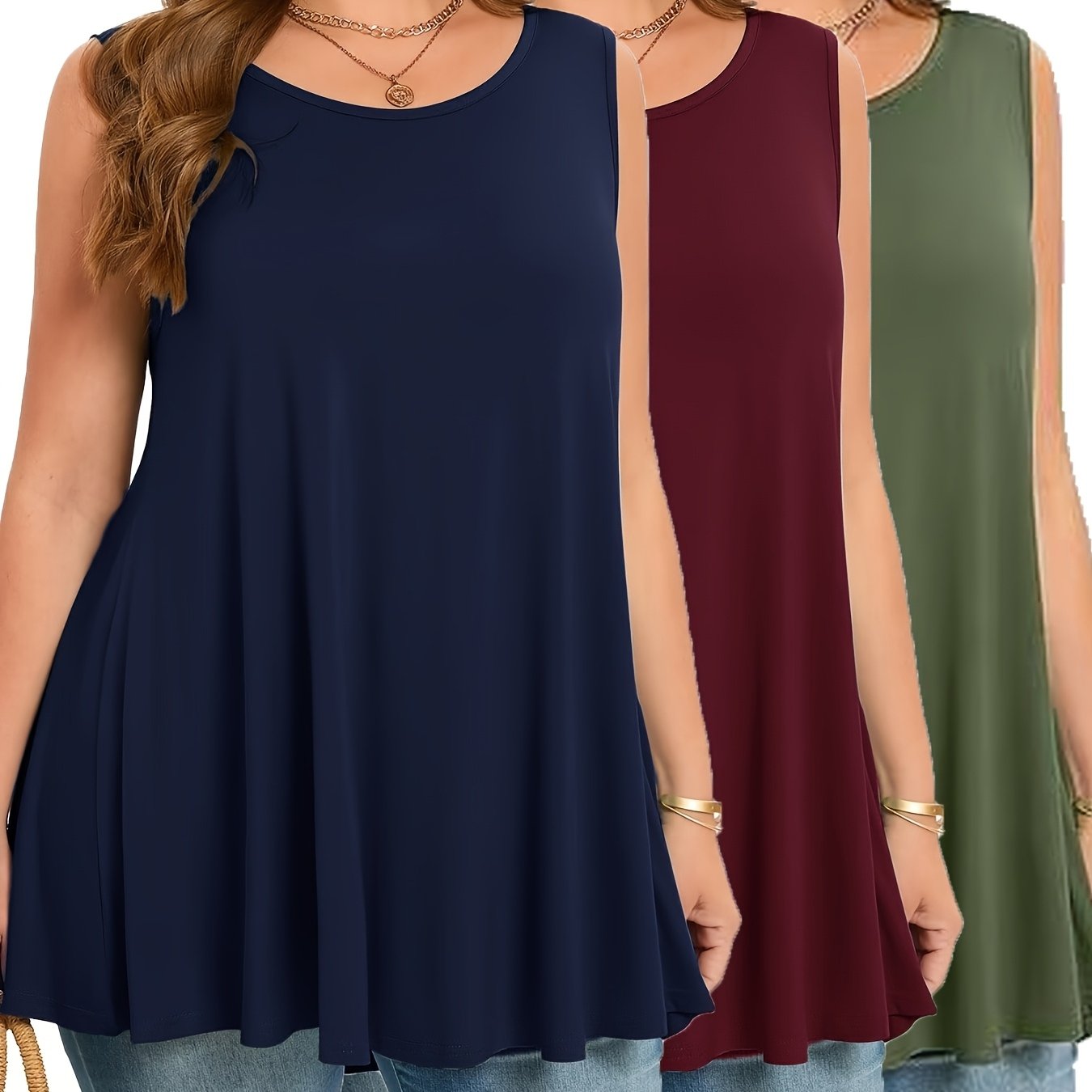 Plus Size, 3pcs Solid Color Women's Plus Size Sleeveless Cinched Waist Top, Round Neck Vest, Loose Fit