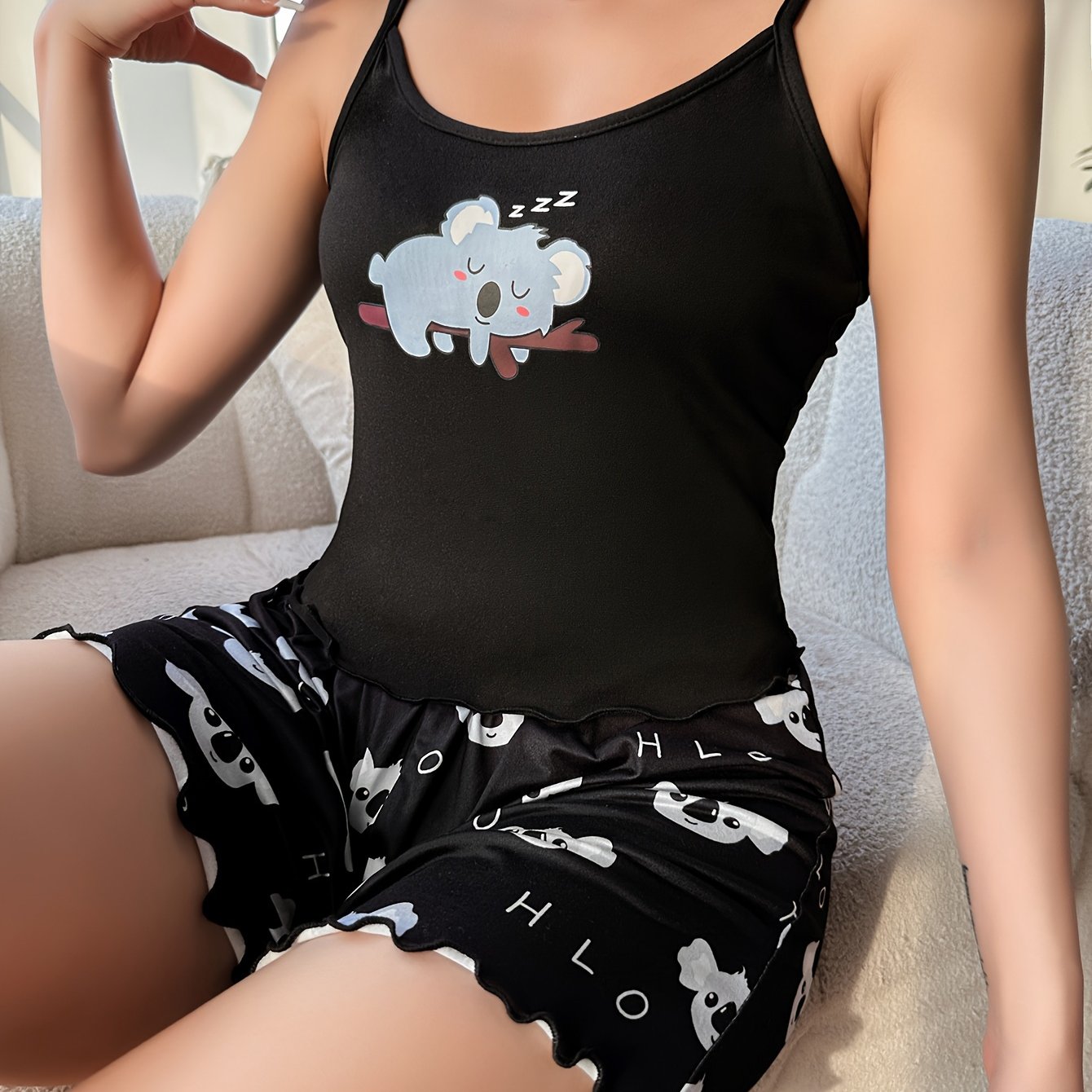 Women's Cute Koala Print Tank Top And Shorts Pajama Set, Polyester 95% With 5% Elastane, Crew Neck, Knit Fabric, , 140gsm - Black
