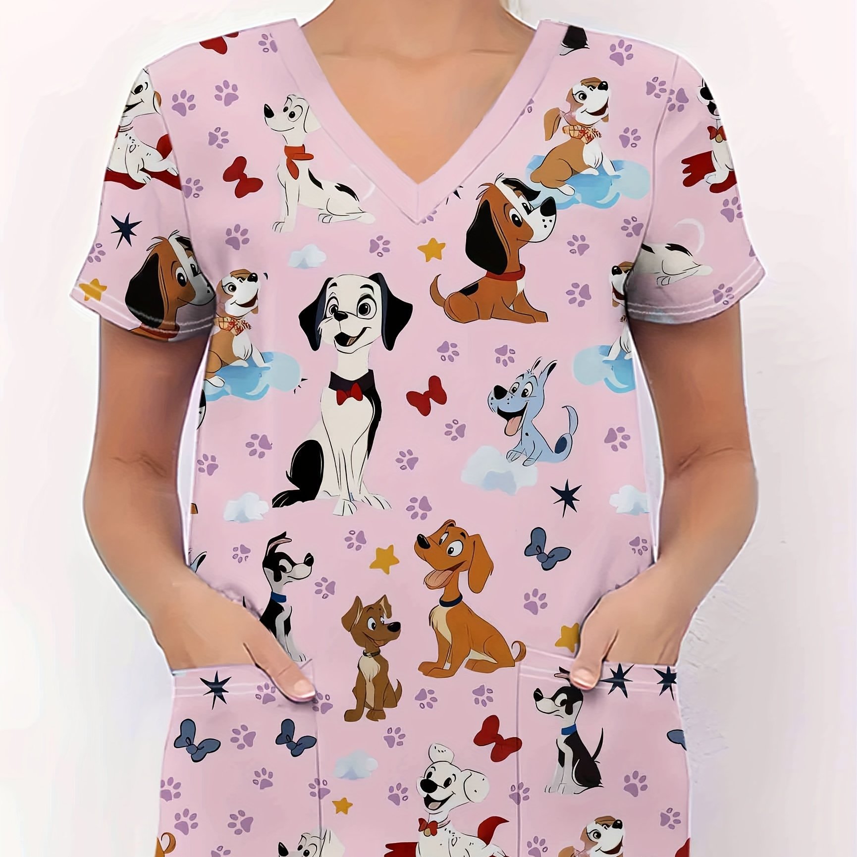 TEMU A Stylish And Comfortable V-neck Printed Top Featuring Various Cute Puppies, Short Sleeves, And Functional Pockets, Designed As A Short-sleeve
