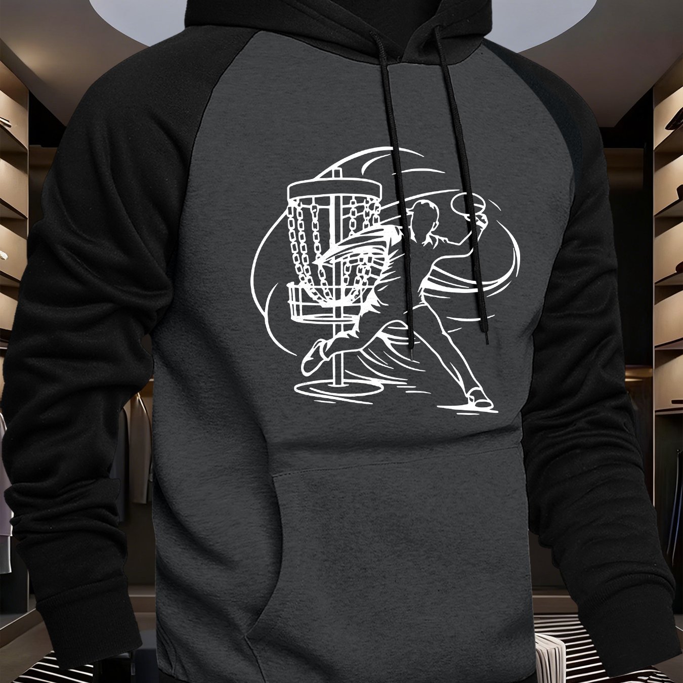 TEMU Men's Hooded Spliced Sweatshirt With Flying Disc Golf Print, Casual Versatile Fashion Hoodie, Raglan Sleeve Sporty Sweatshirt