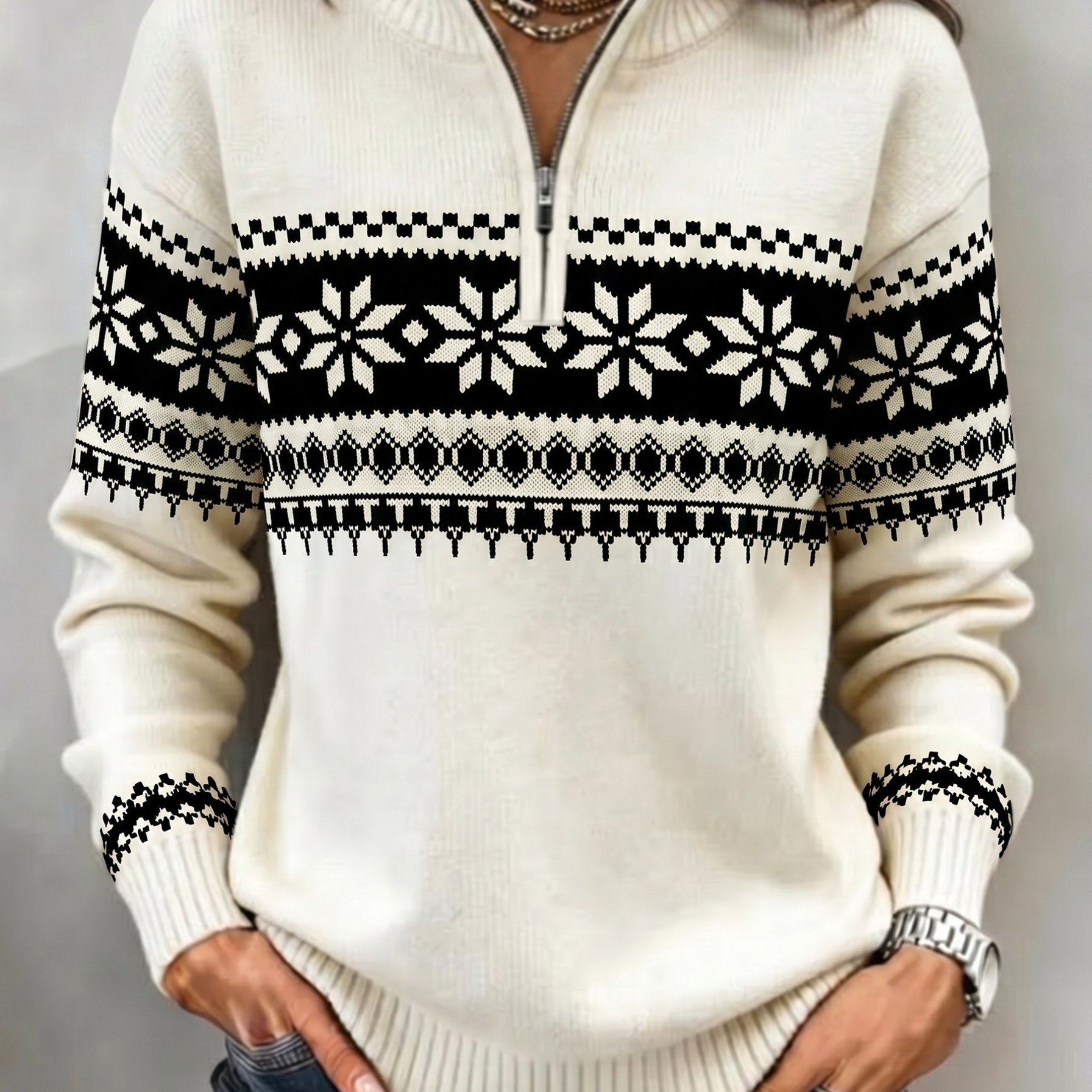 TEMU Women's Vintage Nordic Fair Isle Jumper Collar With A Half-zip Long Sleeves Casual Pullover Tops For Casual Attire Camping And The Office During