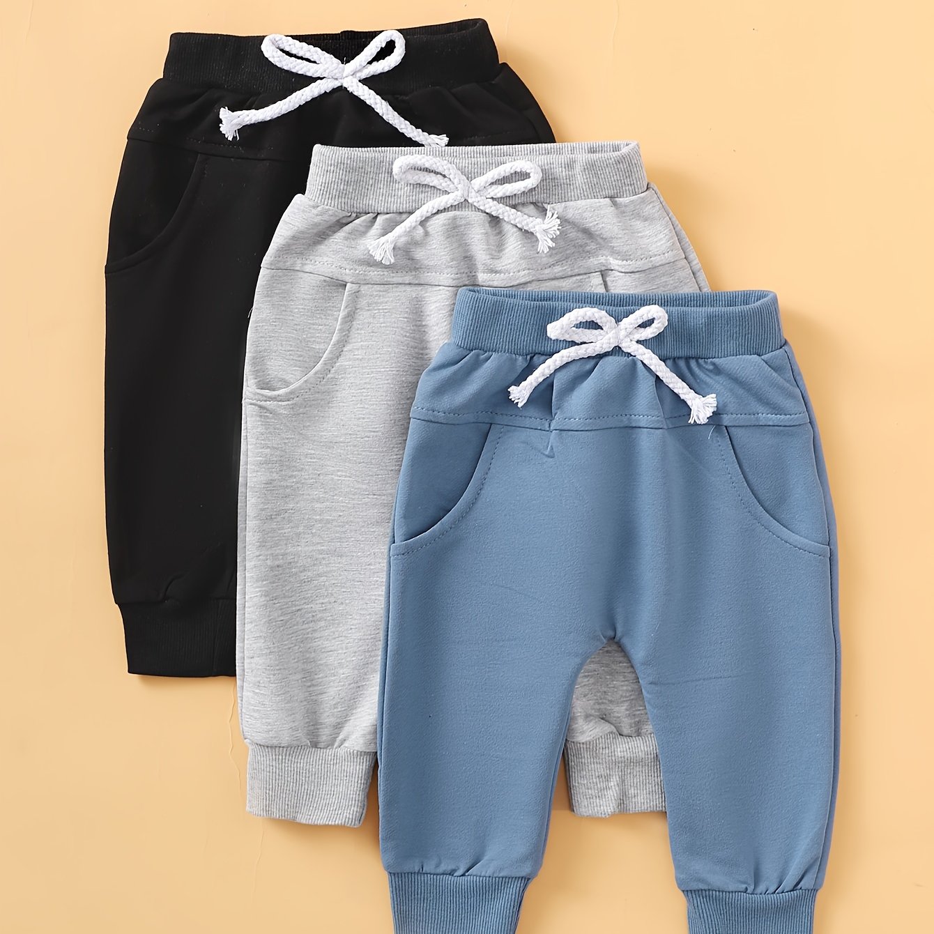 Baby Solid Color 3pcs Casual Long Pants Set, For Outdoor