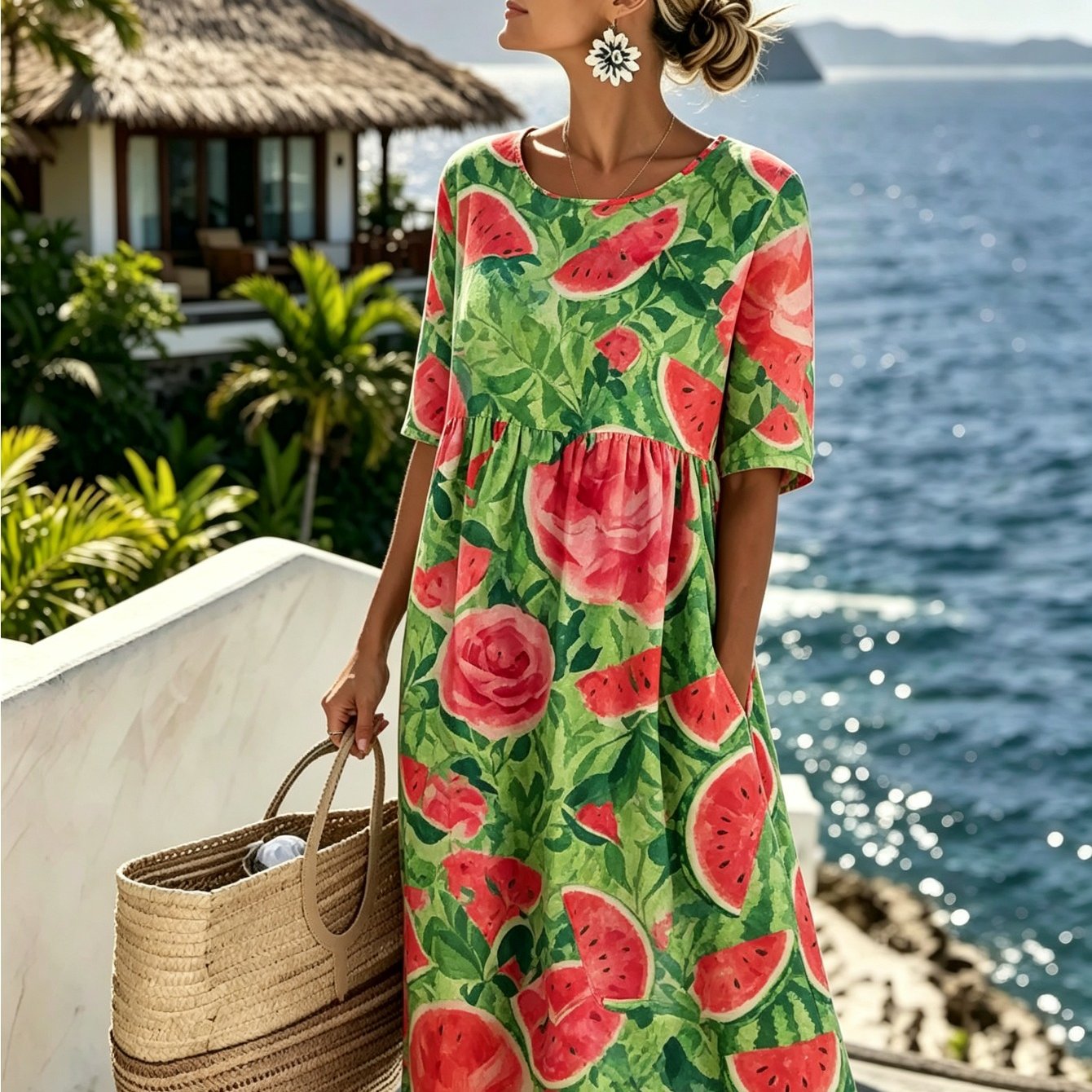 Women's Geometric Print Mid-length Dress - Round Neck, Half Sleeves With Pockets, Casual Loose Summer Dress, Suitable For Vacation, Beach, And Everyday Wear