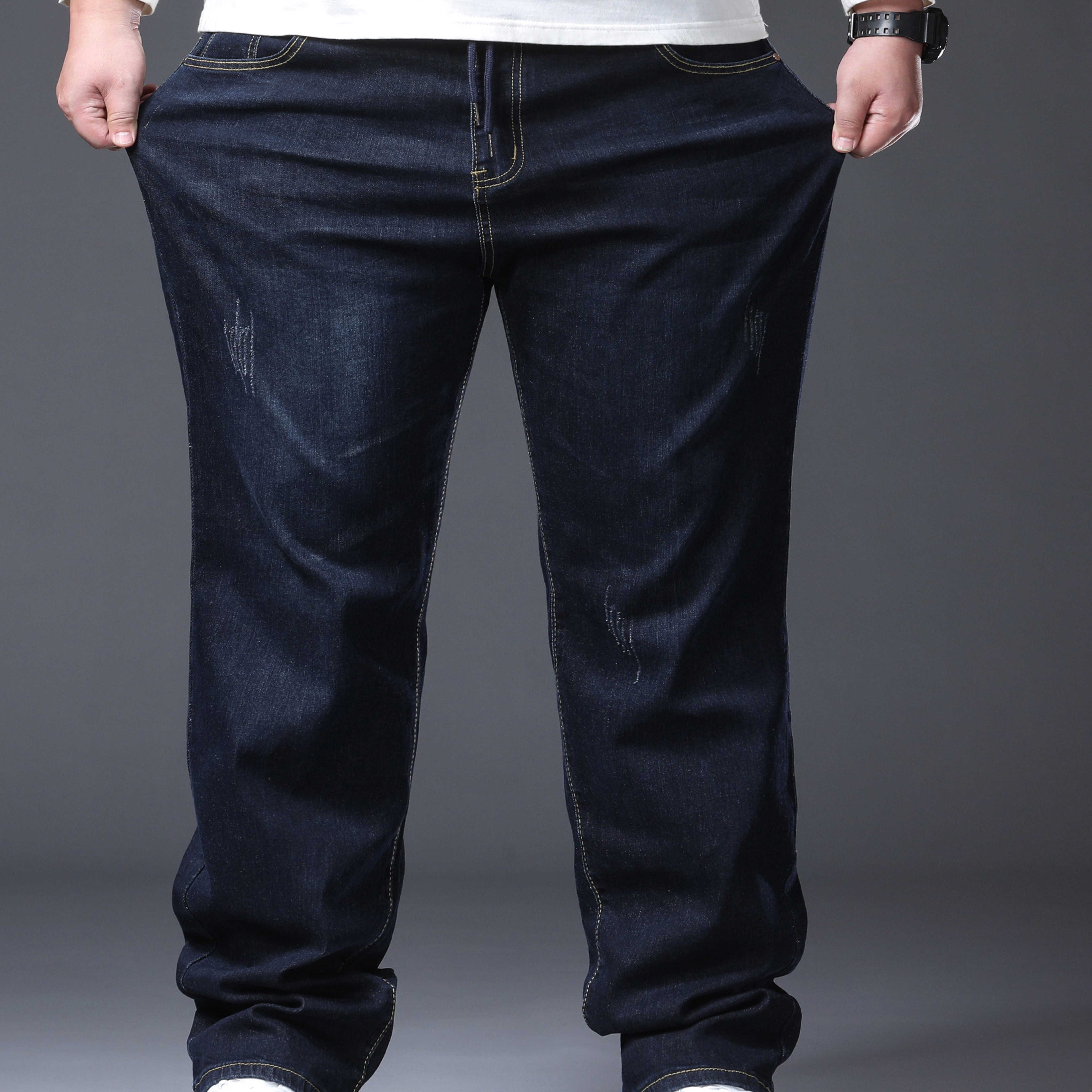 Image of Plus Size Heavyweight Stretch Jeans For Men, Sizes 2xl-7xl, Featuring An Elastic Waistband And Drawstring Design. High-end, Jeans Are Comfortable And Designed To Create A Slimming Effect
