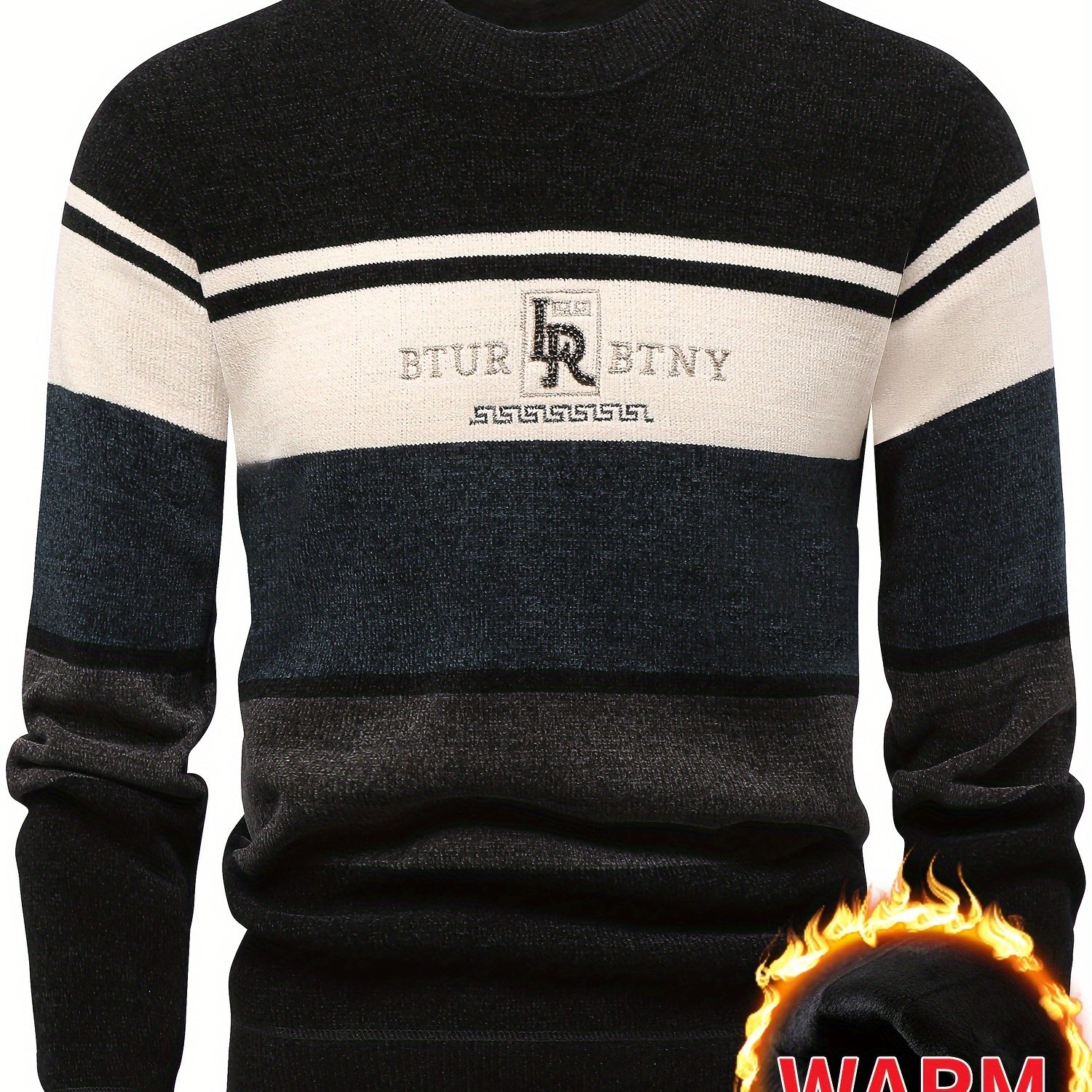 TEMU [popular ] Men's Fleece-lined Casual Sweater - Striped Letter Neck Warm Knit Top, Khan, Fit, Style, Conventional Version