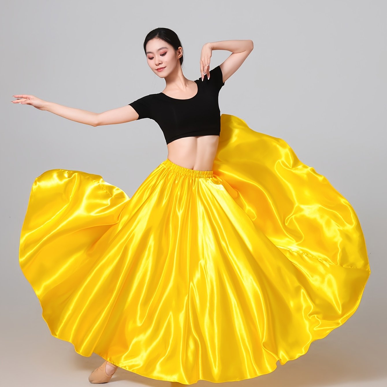 TEMU 2025 95cm Satin Long Mid-length Skirt With Elastic Waist Belly Dance Princess Party Role- Dress 360 Degree Dance Dress