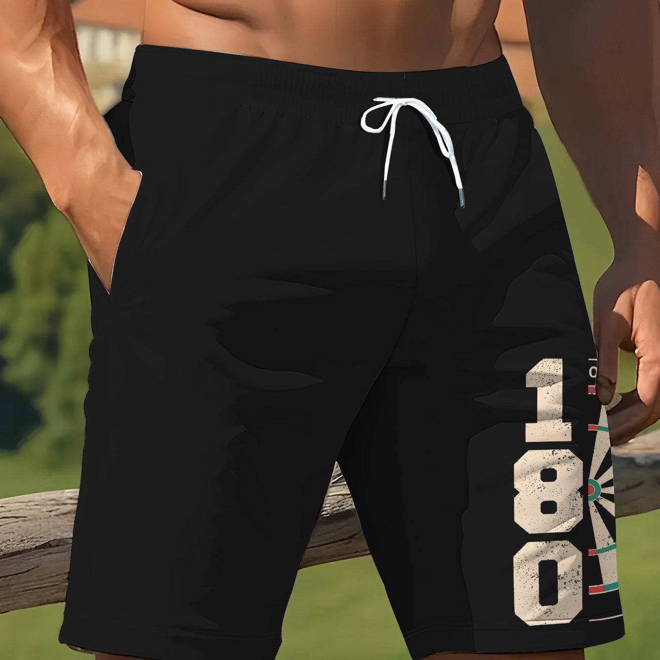 TEMU Men's Casual Print Quick-dry Shorts With A Featuring A Vintage-style Vertical "180" Number And Classic Dartboard Print. Vintage Sporty Style,