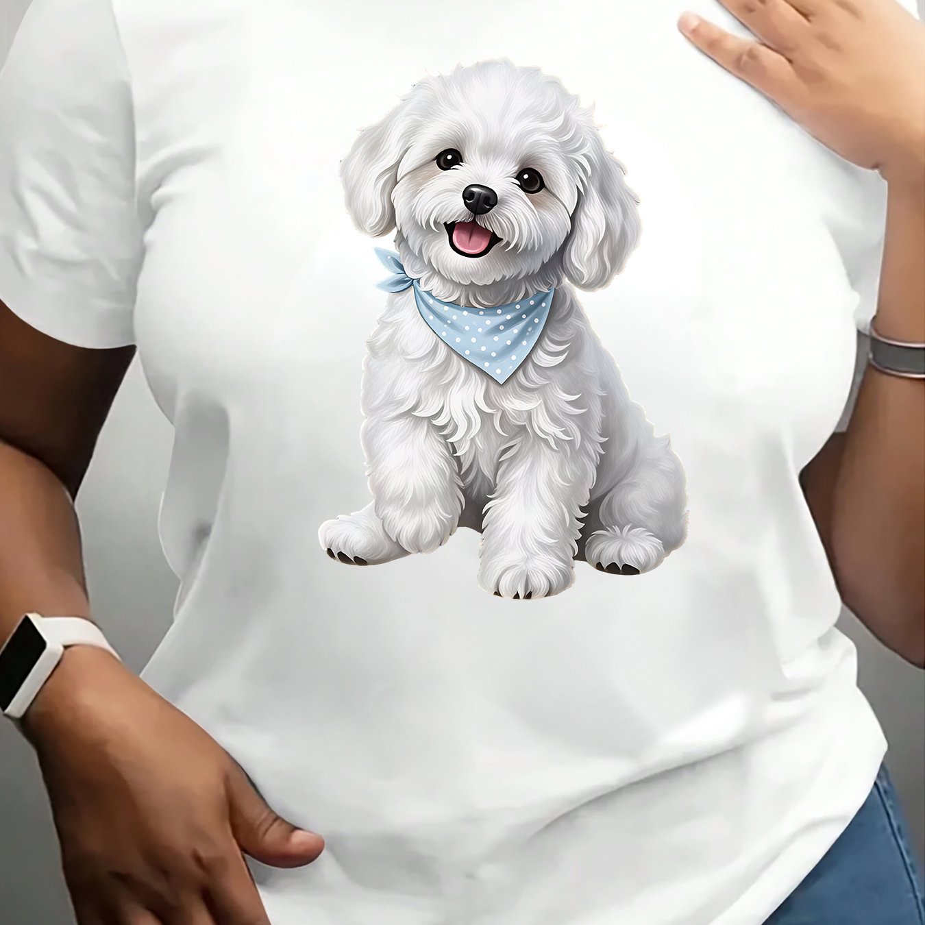 TEMU Women's Plus-size Bichon Frise Dog Print T-shirt - Short-sleeve Round Neck Casual Top With Bichon Suitable For Spring Summer Fall Outfits,