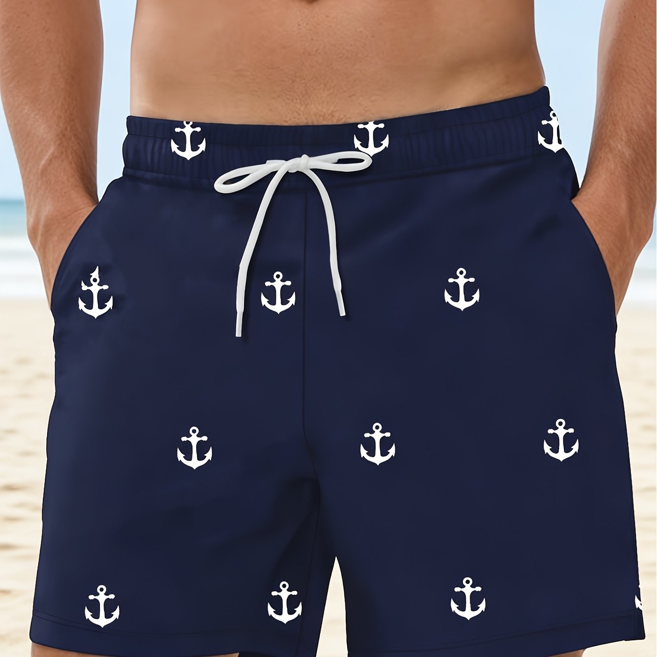 TEMU Men's Nautical Anchor Print Quick Dry Swim Trunks Casual Beach Shorts Summer Board Shorts With Drawstring Pocket