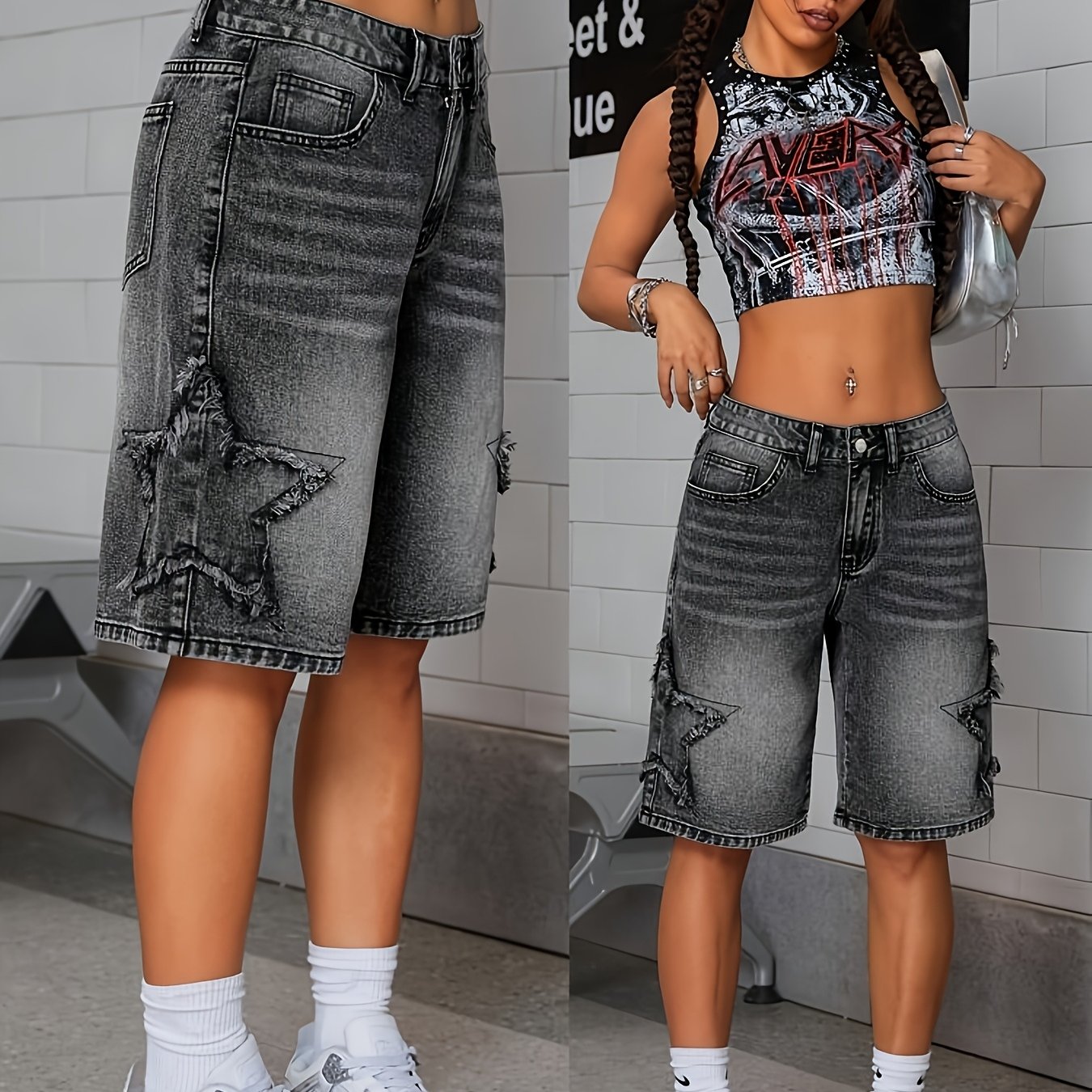 Image of Black Bermuda Shorts; Star Detail; Spring Summer Outfit Piece; Casual ; Medium Stretch; Machine Washable: Women's Denim Bermuda Shorts, Manual Measurement Size 0.787 Inches