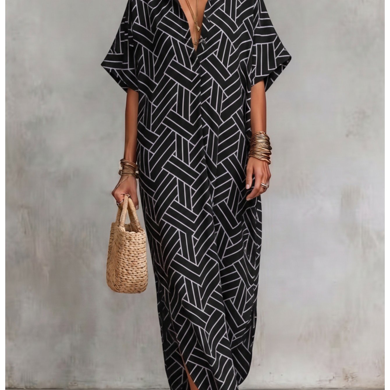 Image of Plus Size - Women'-inspired Printed Shirt Dress, With Turn- Collar And Half-button Short Sleeves, Side-slit Loose Long Dress, Beach Vacation Maxi Dress