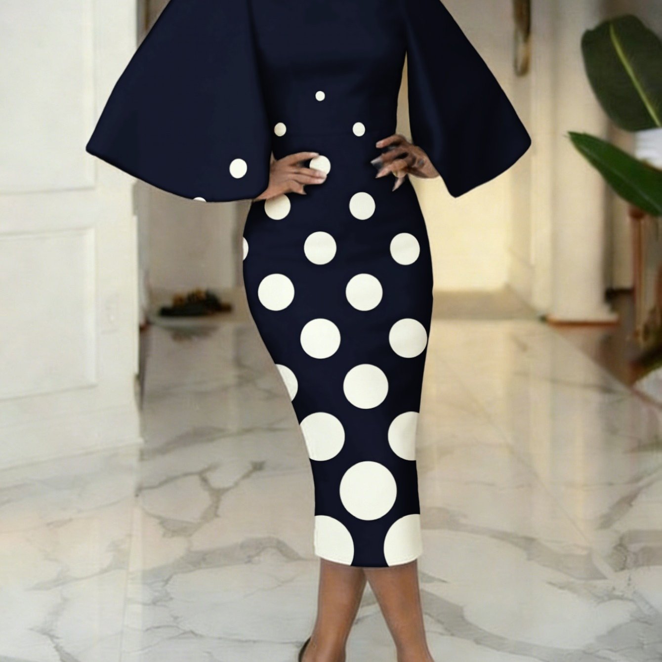 Image of Plus Size, Plus-size, Modern Minimalist Style Women's Printed 2d Flat Floral Pattern Slim-fit Dress. Perfect For Parties And Weddings.