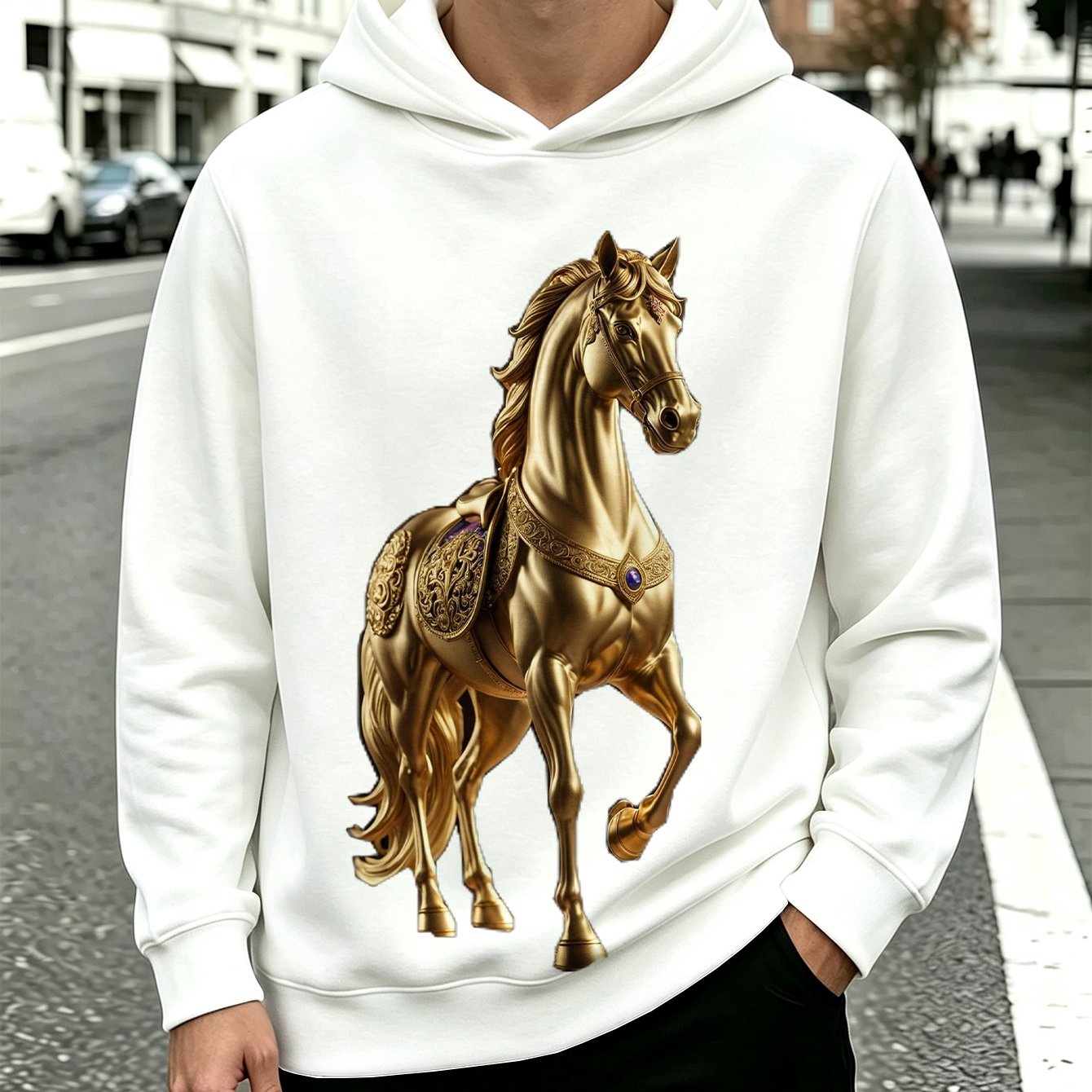 TEMU Light Luxury Gilded Horse Gemstone Print Hooded Sweatshirt, 