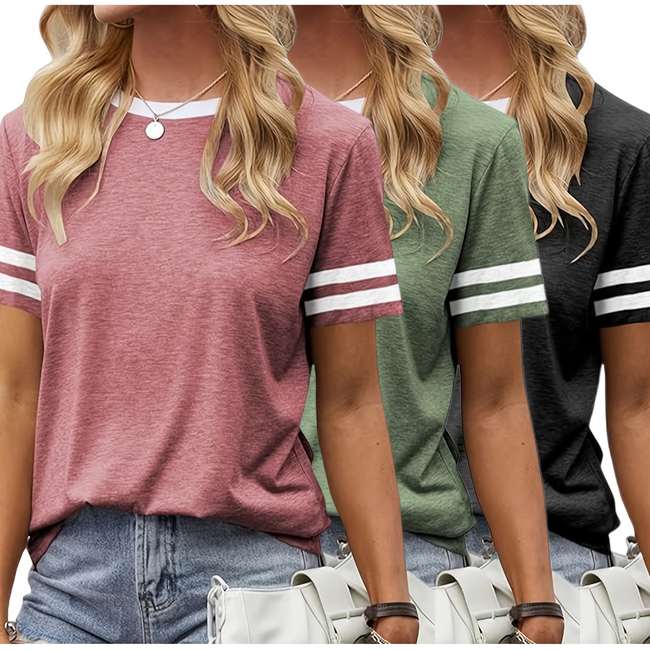 3pcs Women' Color Short-sleeve Round Neck T-shirts - Minimalist Casual Solid Color Basic Tops Suitable For , Machine Washable Casual Attire, Layering Essentials (no Bulk)