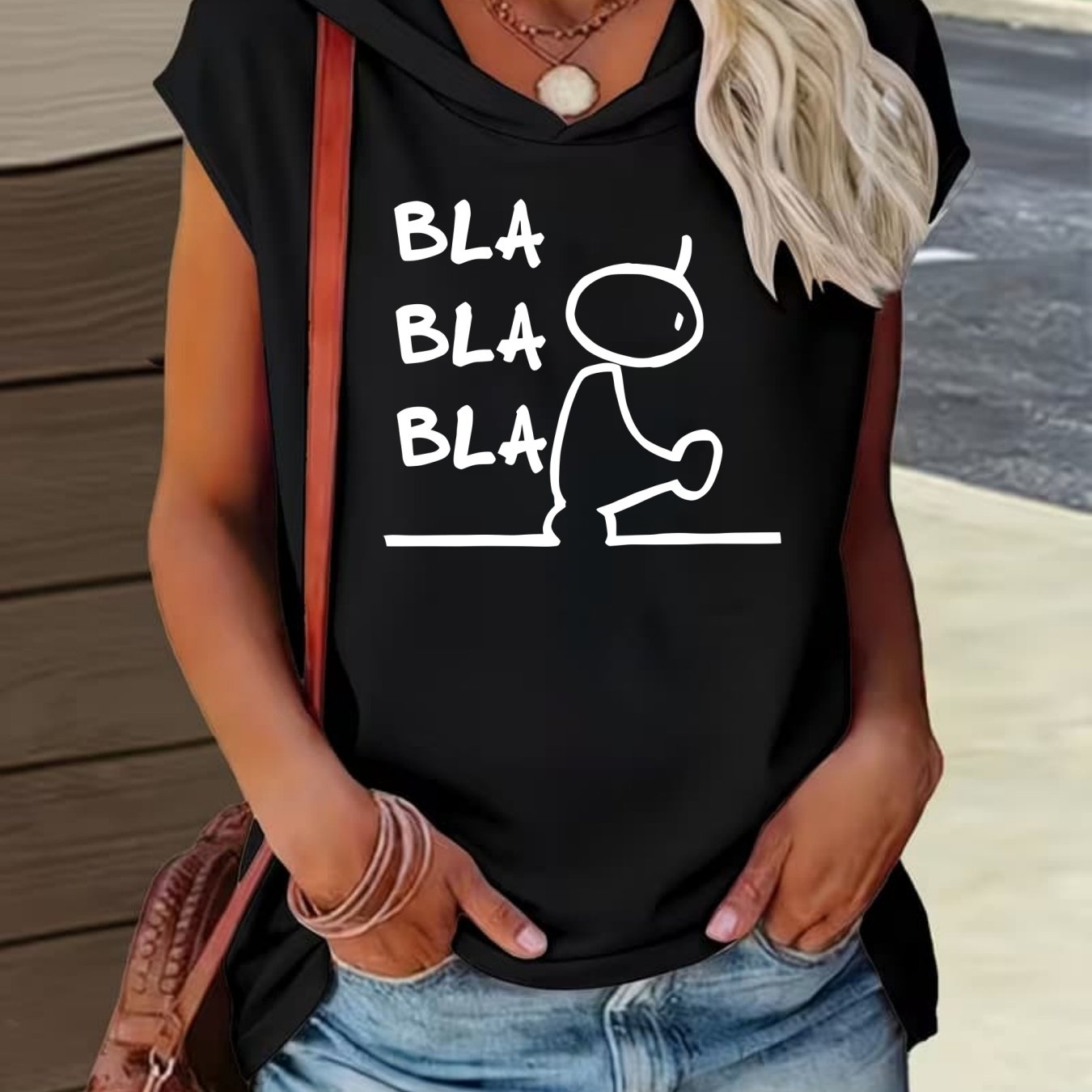 TEMU Loose-fit Comfortable Hooded Design With A Fun And ' Bla' Text Print Combination. Printed Pattern, Comfortable And Versatile Style. New Summer