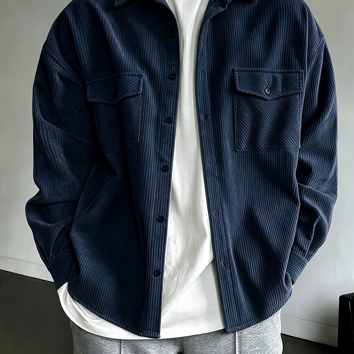 TEMU Spring/autumn European And American Men's Fashion Versatile Casual Long-sleeve Shirt, Available In Multiple Colors, Corduroy Solid Color Top