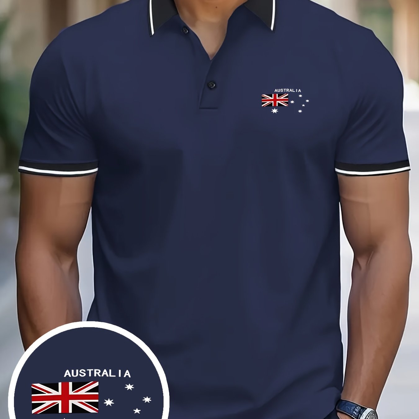 TEMU Men's Trendy Golf Shirt With Minimalist National Pattern Print, Featuring A Turn- Collar, Short Sleeves, Stretch, Ultra-comfortable, Breathable,