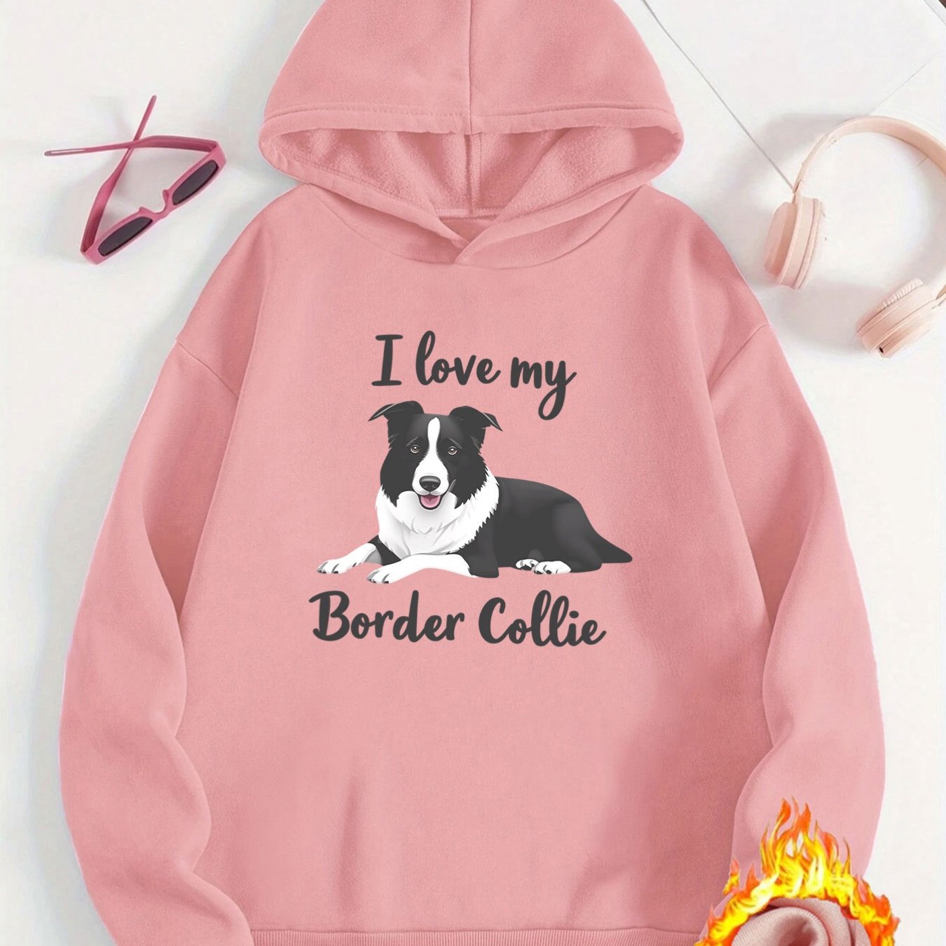 TEMU Plus Size 1pc Pack Fashionable Women's Autumn/winter Warm Hooded Sweatshirt, Elegant And Beautiful Y2k Style With "i Love My Border Collie" And