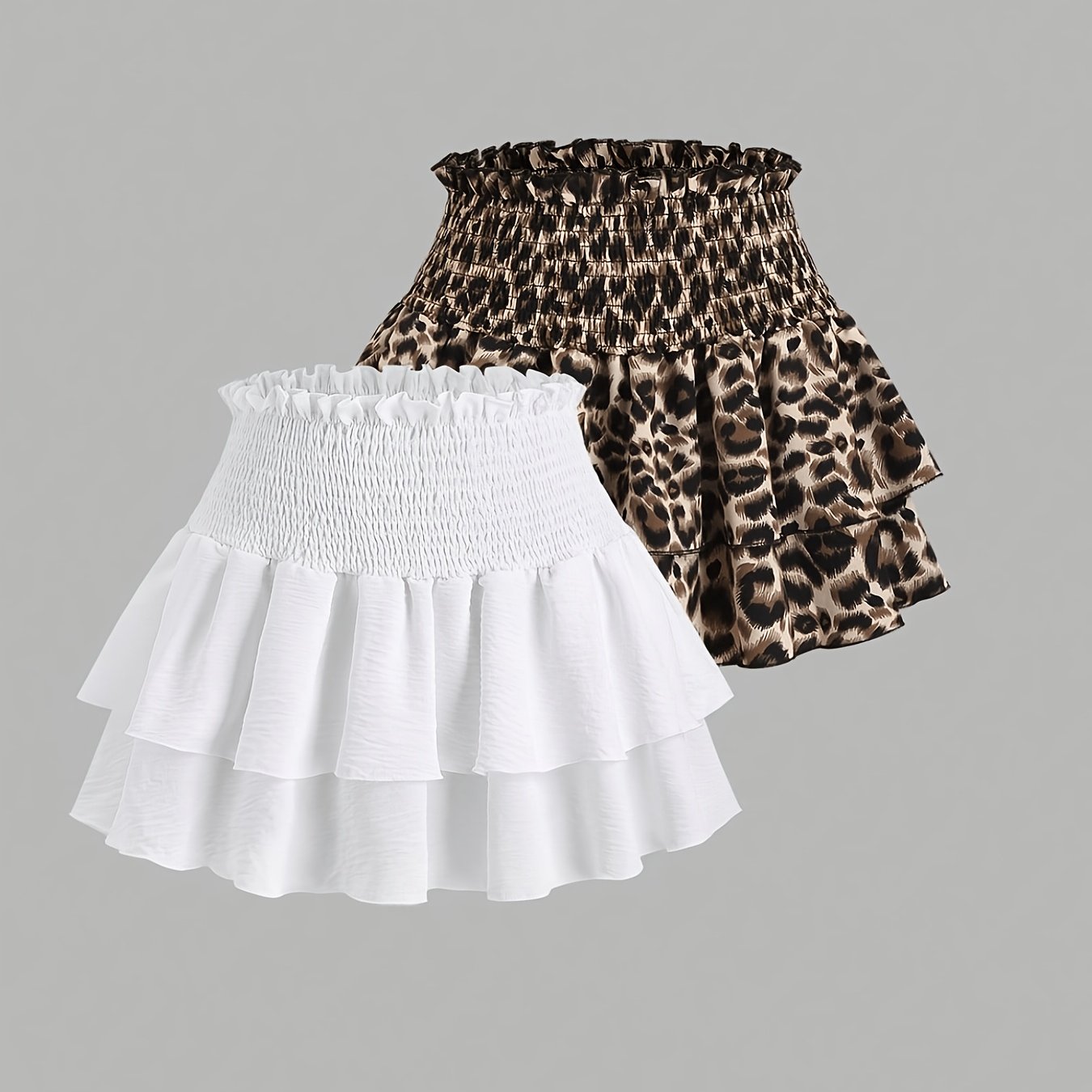 TEMU 2pcs White And Leopard Print Double-layer High-waist Hem Skirt Set, Summer