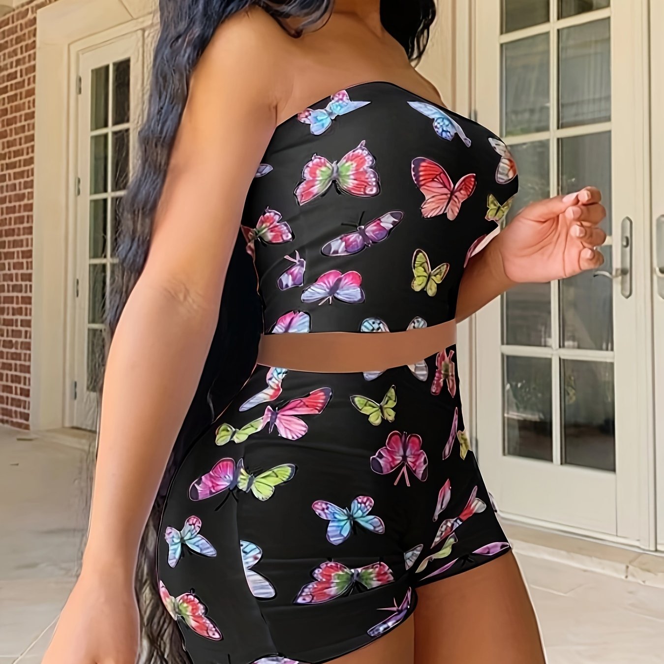 Butterfly Print Matching Two piece Set Crop Tube Top Elastic