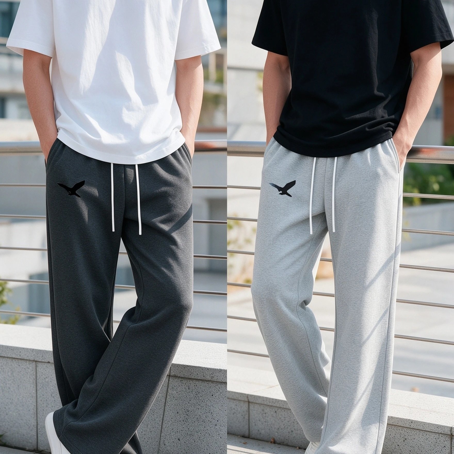 TEMU 2pcs Men's Eagle Print Wide Leg Sweatpants, Casual Loose Drawstring Waist Trousers, Comfortable Sports Pants For Daily & Streetwear