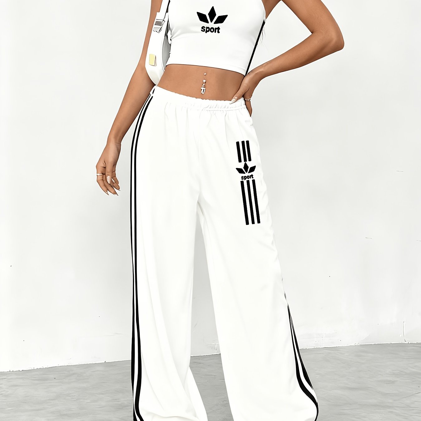 TEMU /summer Women's 2pcs Set: Cropped Camisole Top   Wide-leg Pants, Contrast Color Side Stripes, , American , Minimalist Letter Stripe Print, For