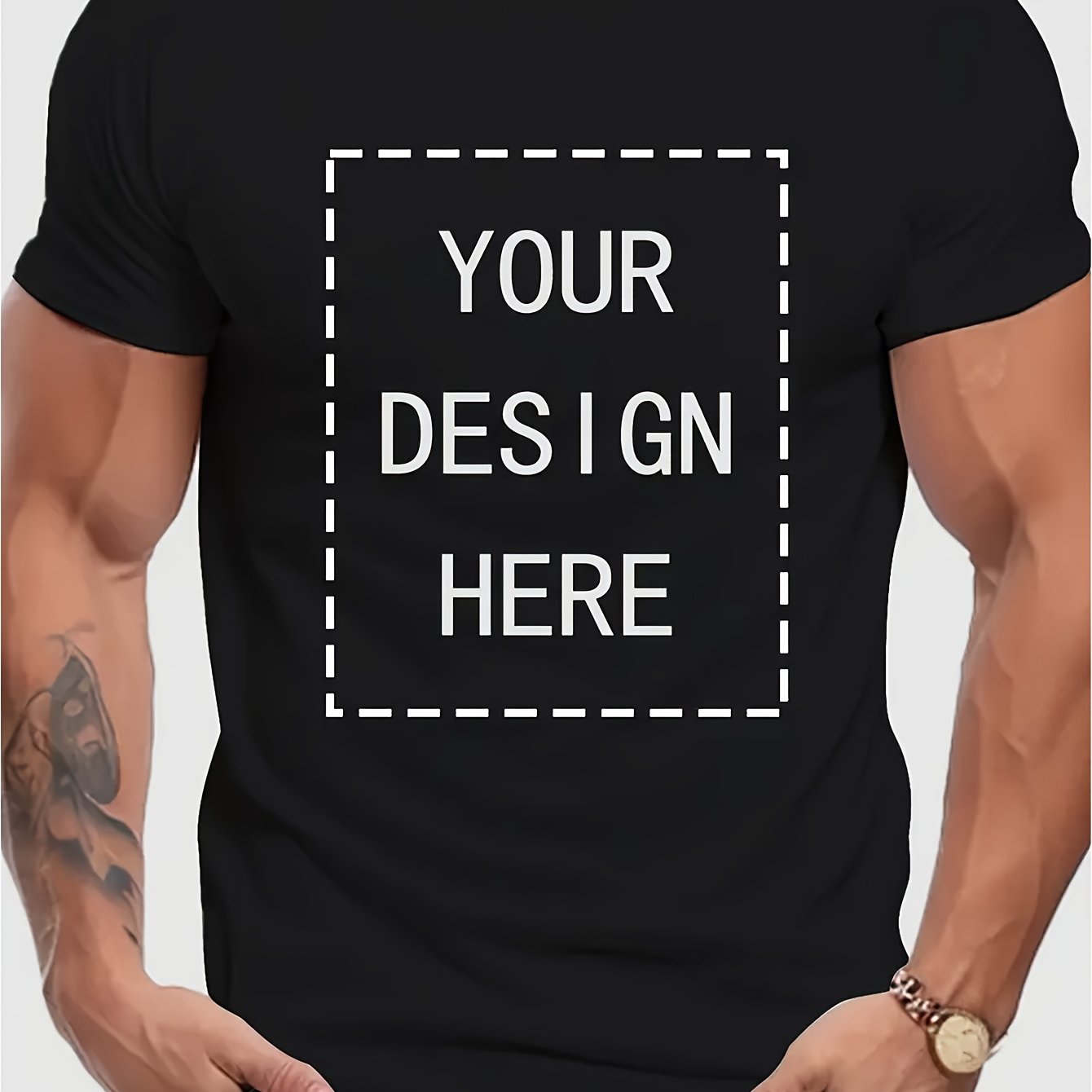 TEMU Plus Size Custom Men's T-shirt - Personalized Text And , Black Summer Casual Round Neck Top, Machine Washable, Adult Summer Versatile Durable