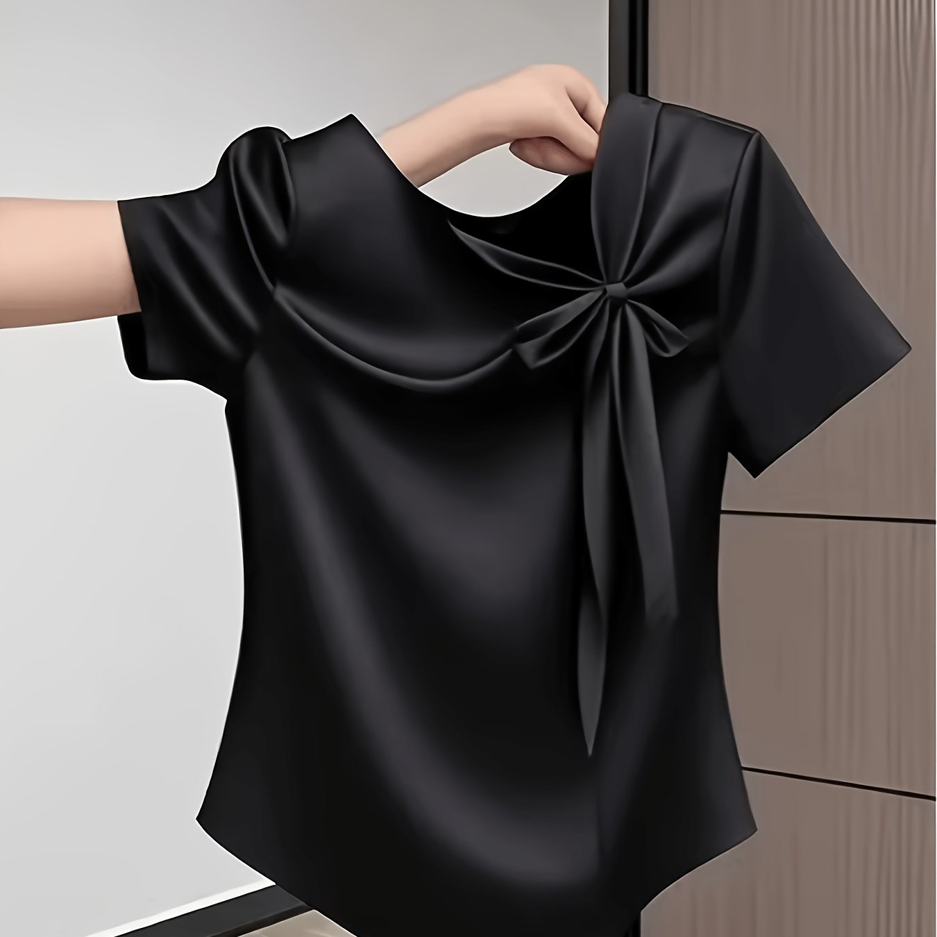 TEMU Women's Satin Short-sleeve Top With Light , Bow Detail, Solid Color, Waist-cinching,, And Versatile
