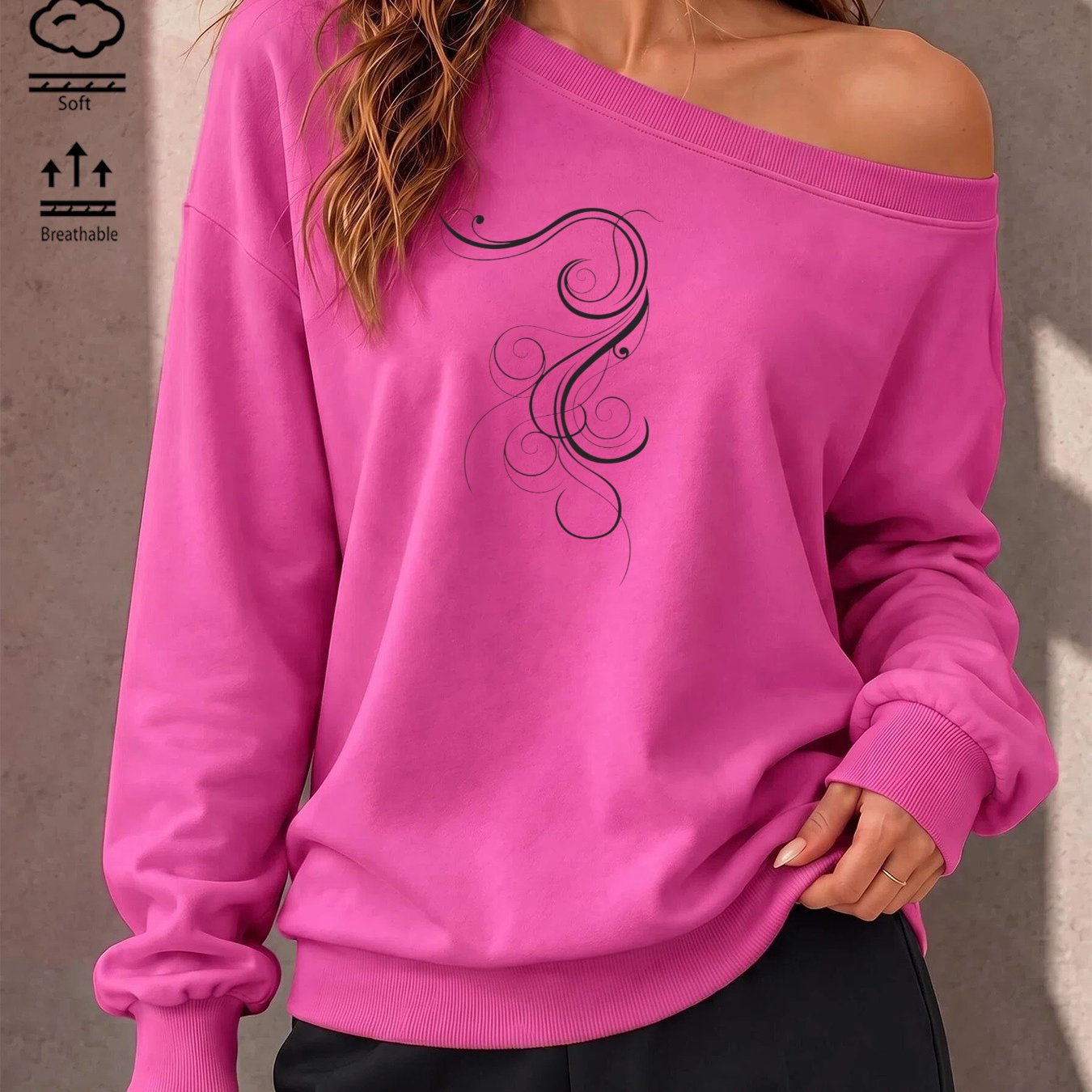 Image of Autumn Women's Asymmetric Off-shoulder Long-sleeve Y2k Abstract Swirl Print Sweatshirt, Minimalist Retro-futuristic Style For Spring & Fall Daily Wear, Loose Pullover Hoodie