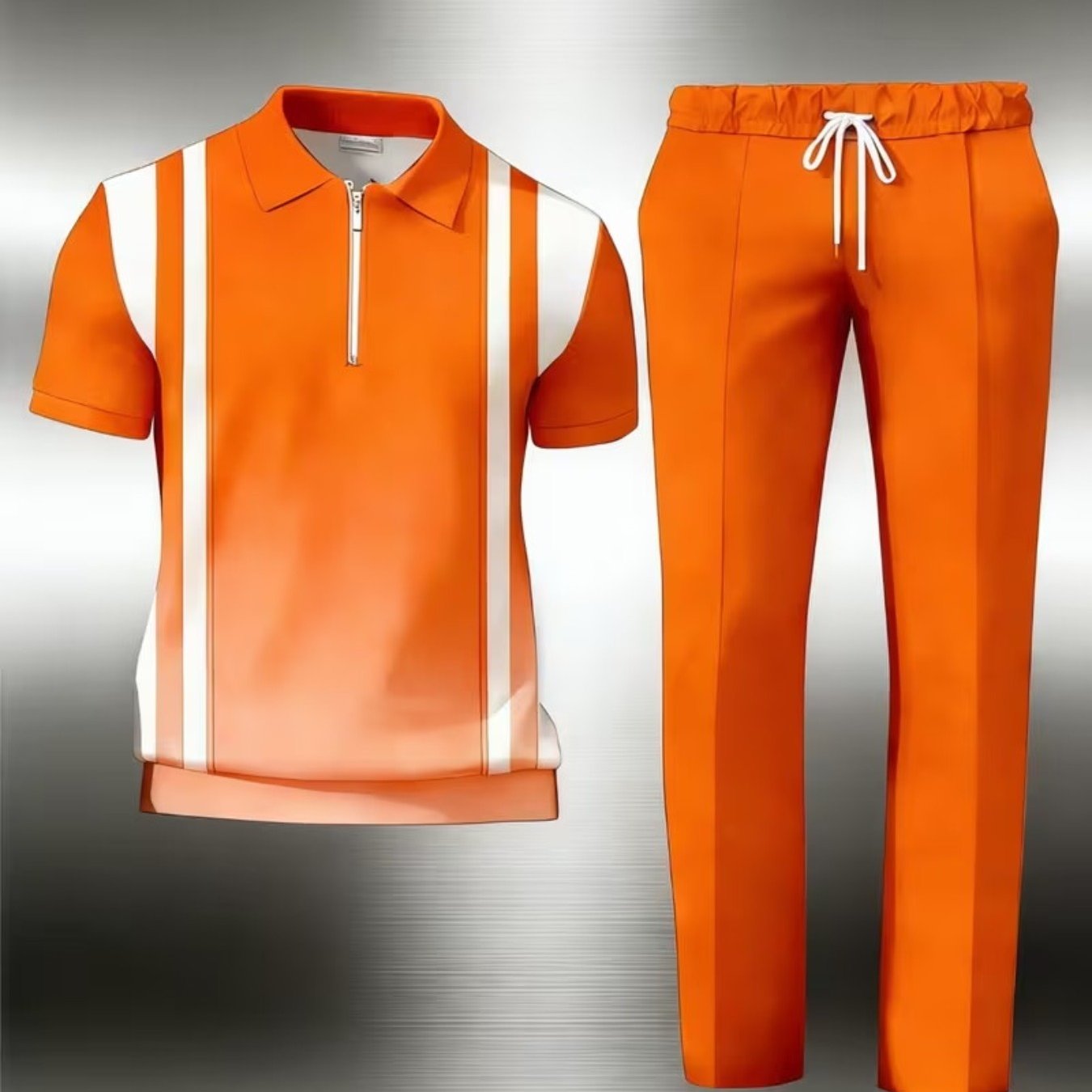 Men's Short-sleeved Fashion Casual Trend 3d Printed Orange And White Striped Design Set, Including Zipper Neckline And Elastic Waist Pants, Adult Men's Casual Sportswear