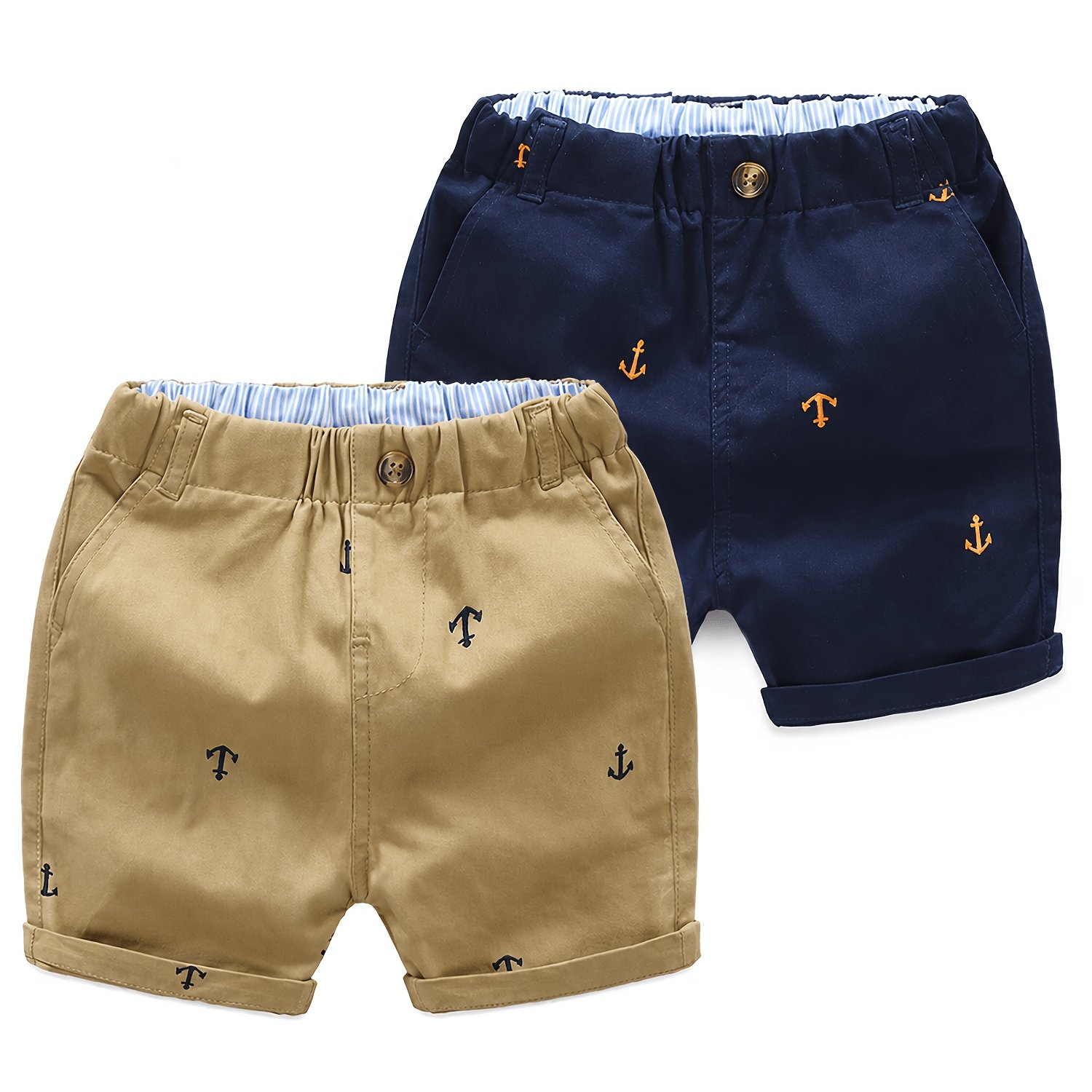 TEMU 2-pc Toddler Boys' Athletic Shorts With Pockets - Pull-on Design Active Adorable Anchor-print, Soft And Breathable Casual Summer Shorts For Kids