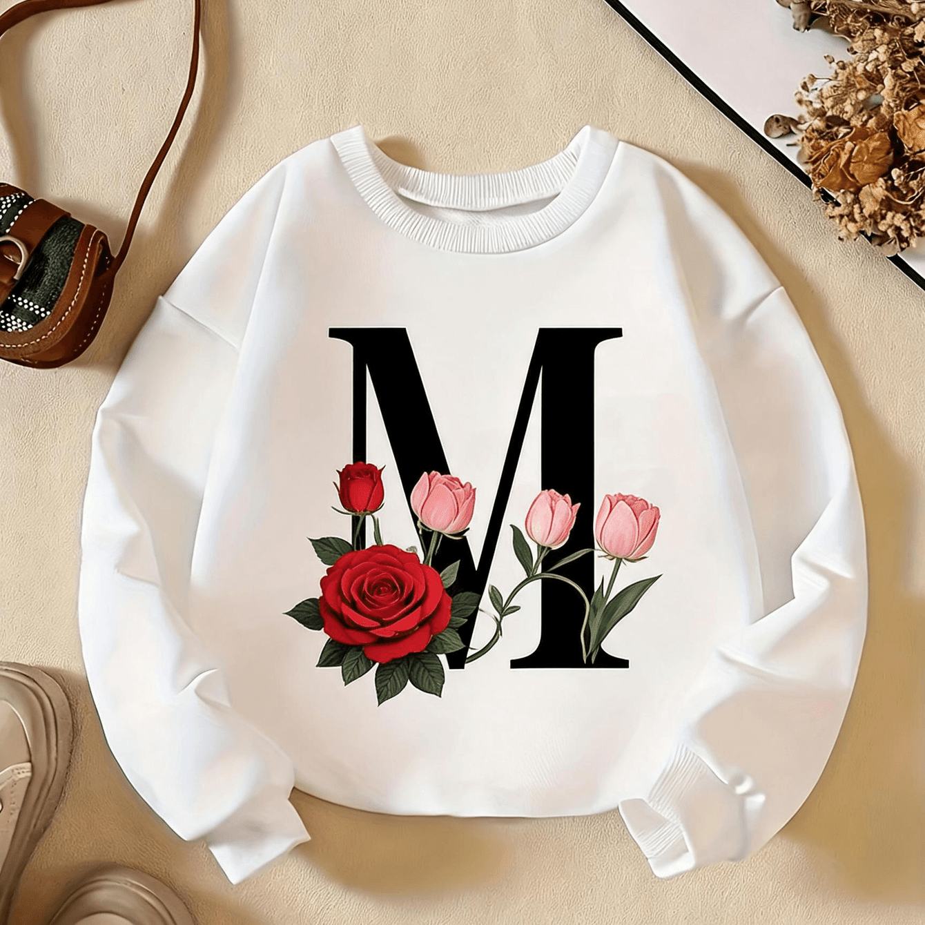 Image of Zcaynger Girls Round Neck Sweatshirt Letter M Rose Flower 100% Fleece Thickened Spring Autumn Winter Daily Wear School Outdoor Gift