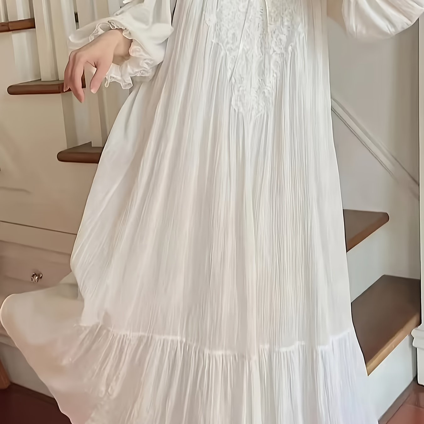 TEMU Elegant French Court Princess Nightgown | Lace Trim V-neck Long Sleeve Flowy Robe, Luxurious Solid Sleepwear, Hand Washable, Ideal For Adult Use