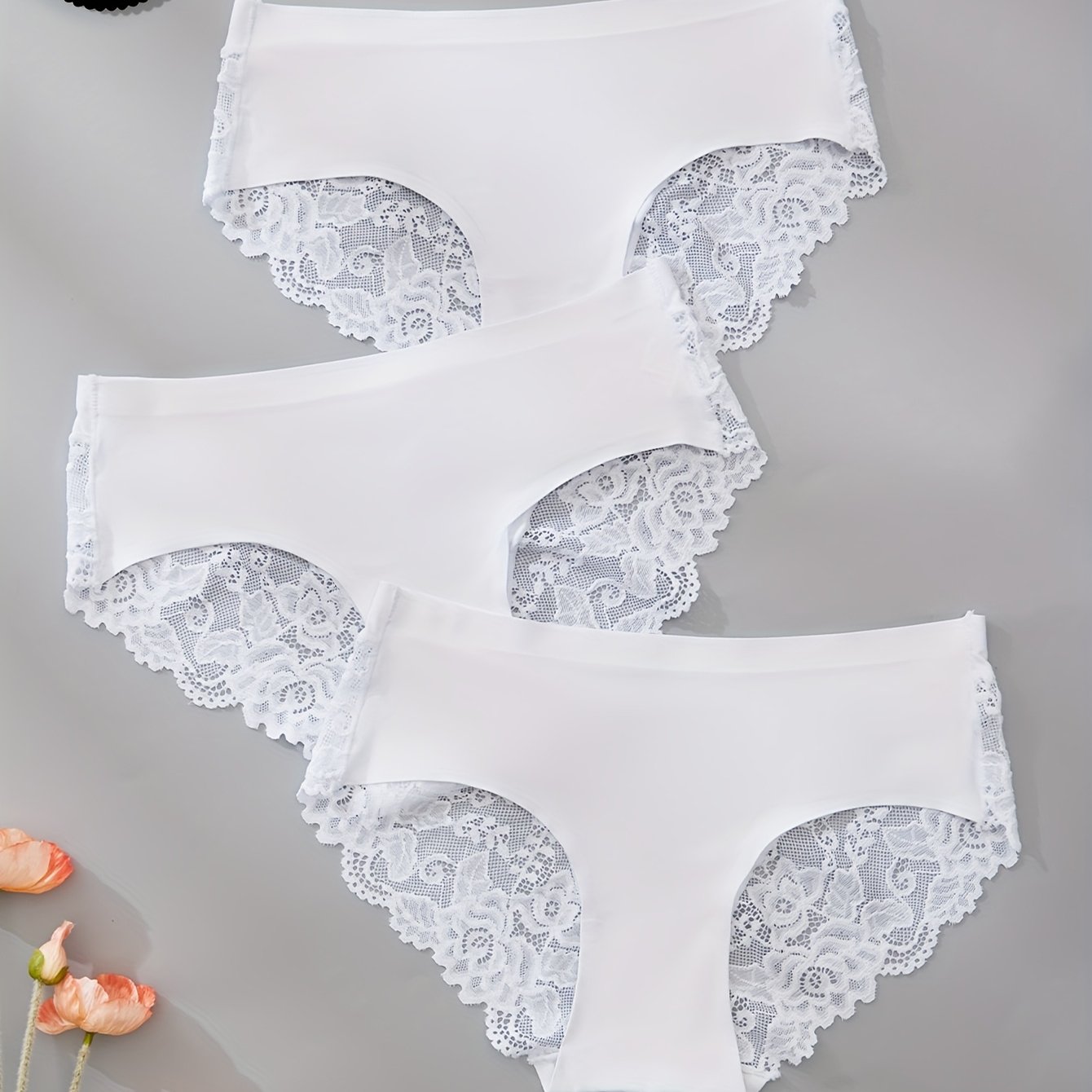 Image of 3-pack Of Women's Underwear, New Arrival, Solid Color, Series, Lace Stitching, Elegant Standard Size Women' Briefs, Soft, Cool, Smooth, No Overlock, Mid-waist Design Women's Underwear