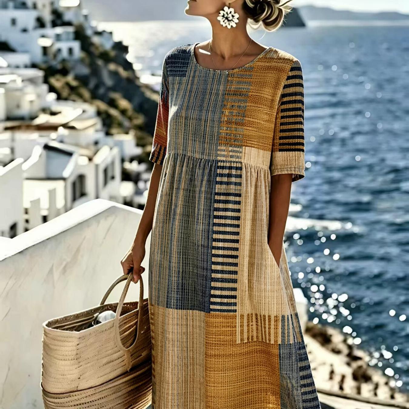 Women's -line Summer Dress Plaid Stripe Round Neck Machine Washable Suitable For Daily Outfits, Commuting & Resort Wear - Casual Elegant Dress For Vacations, Gift For
